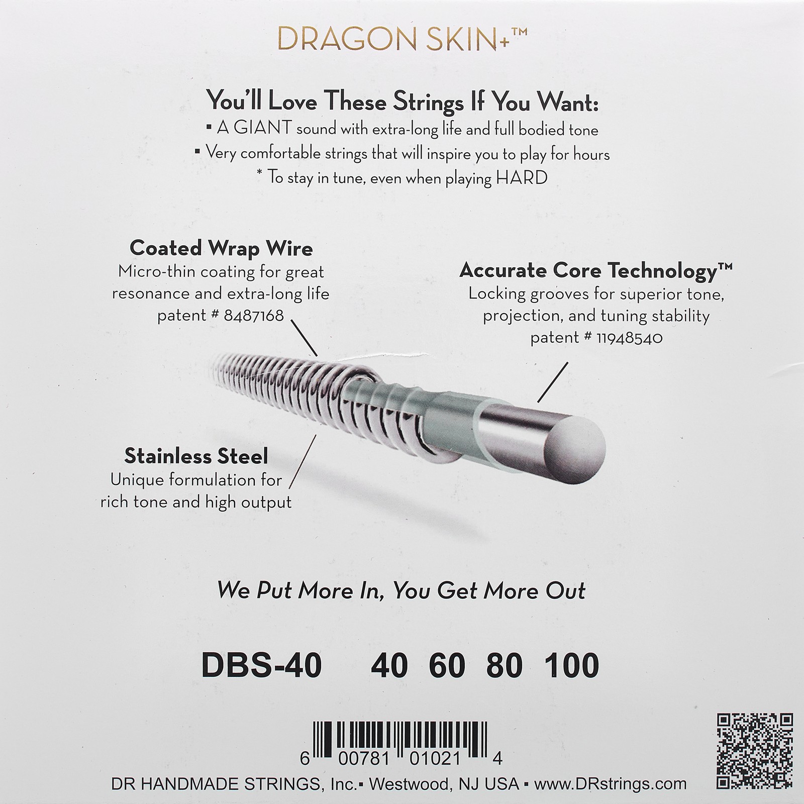 DR Strings Dragon Skin+ DBS-40 Coated, Rückseite Verpackung