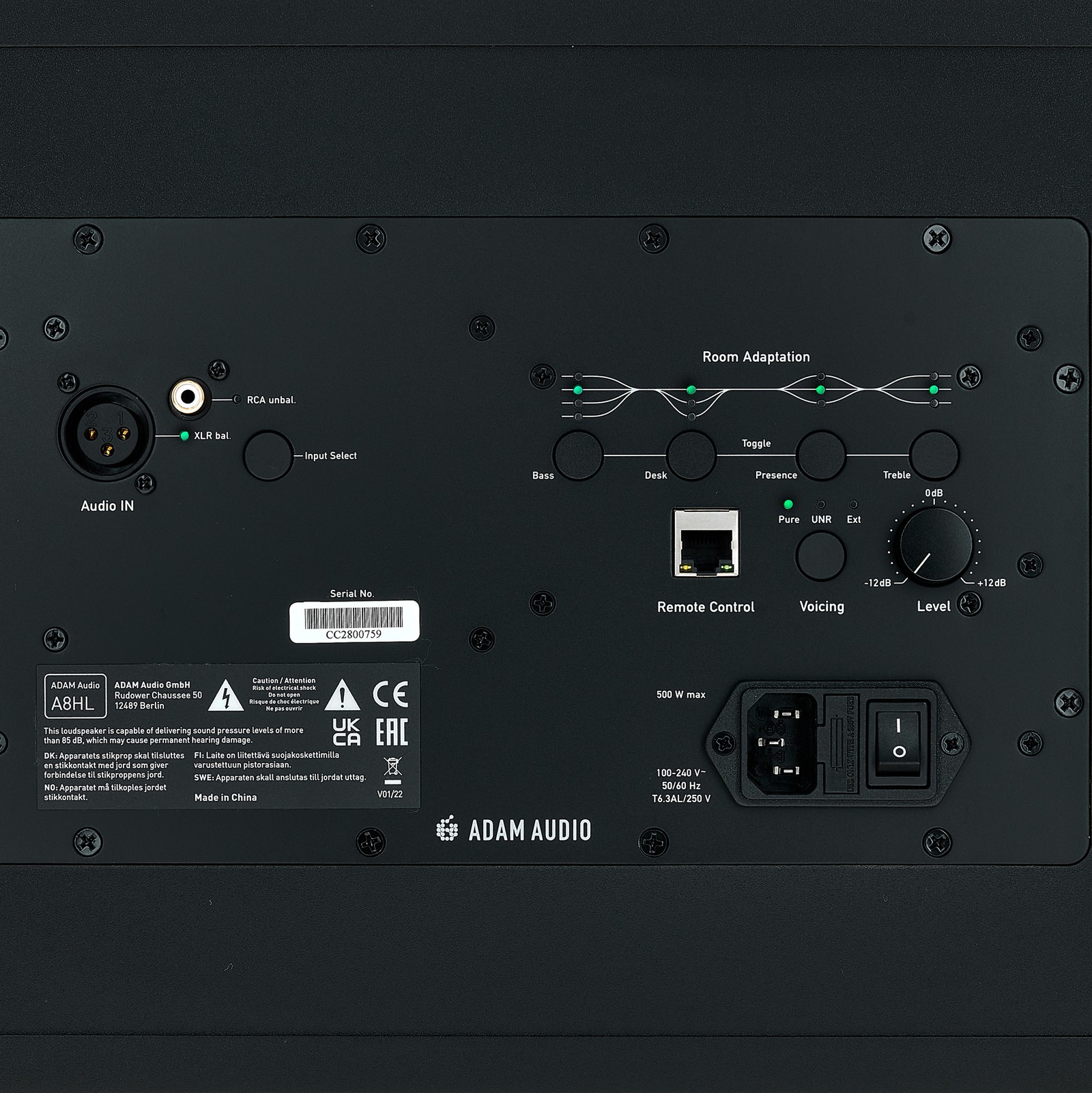 Controls on the Adam Audio A8H Left, midfield studio monitor element