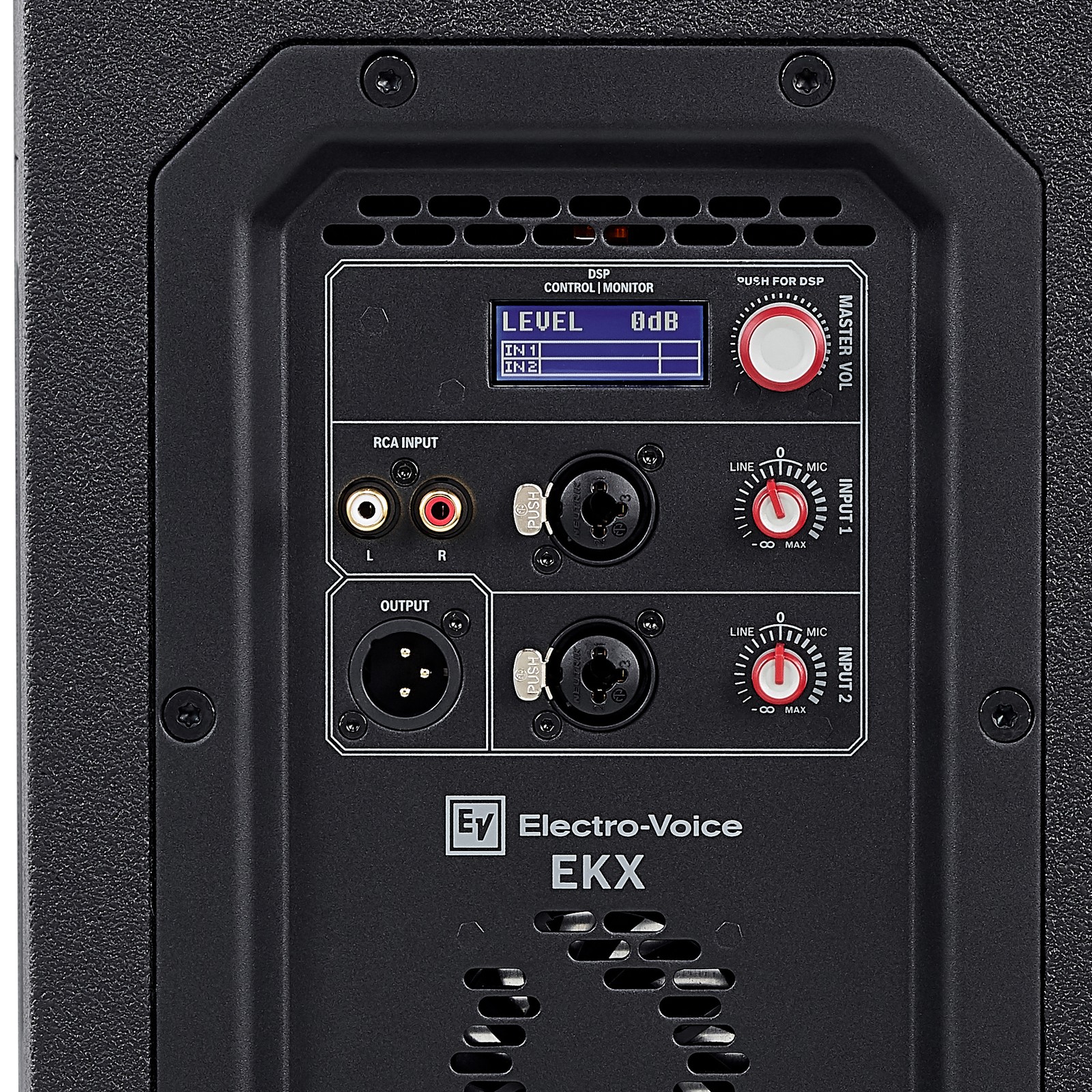 Connections and user interface on the EV EKX-15P Active 15" Speaker
