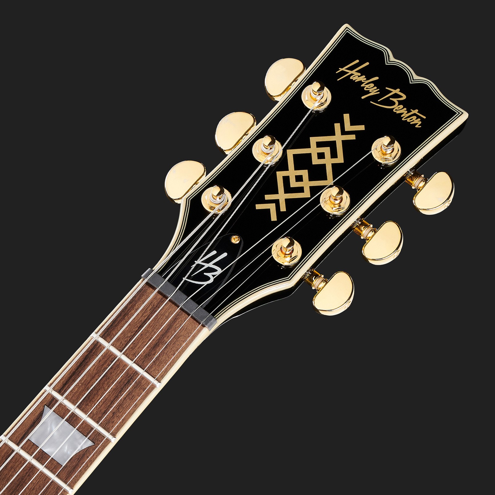Headstock with gold hardware on the Harley Benton SC-Custom III P90 Black
