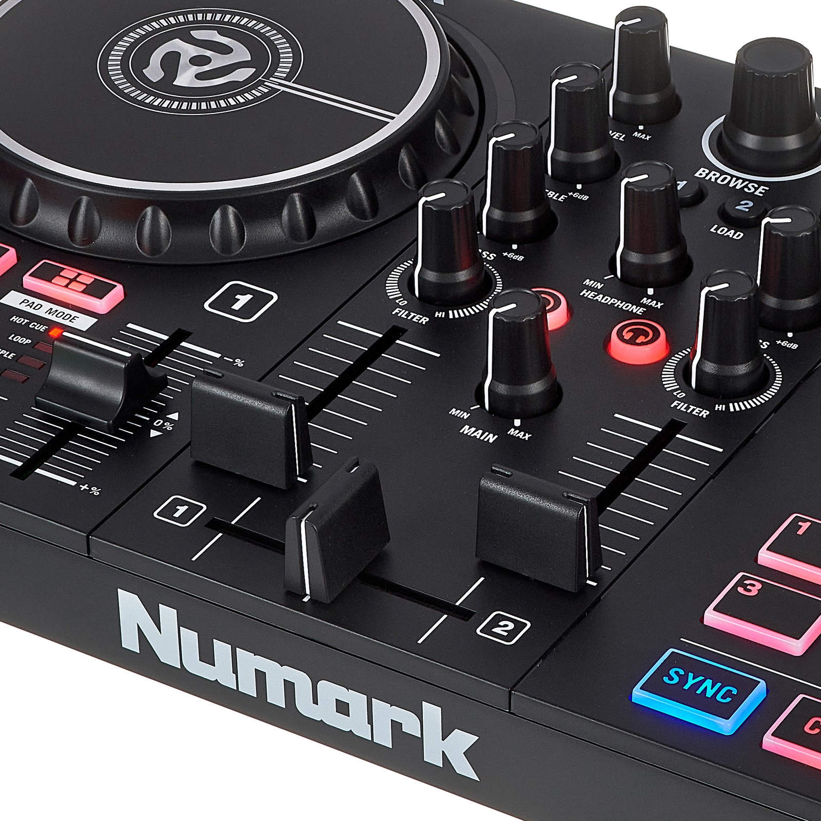 Detailansicht des Numark Party Mix MKII 2-Kanal DJ Controller mit integrierter Soundkarte