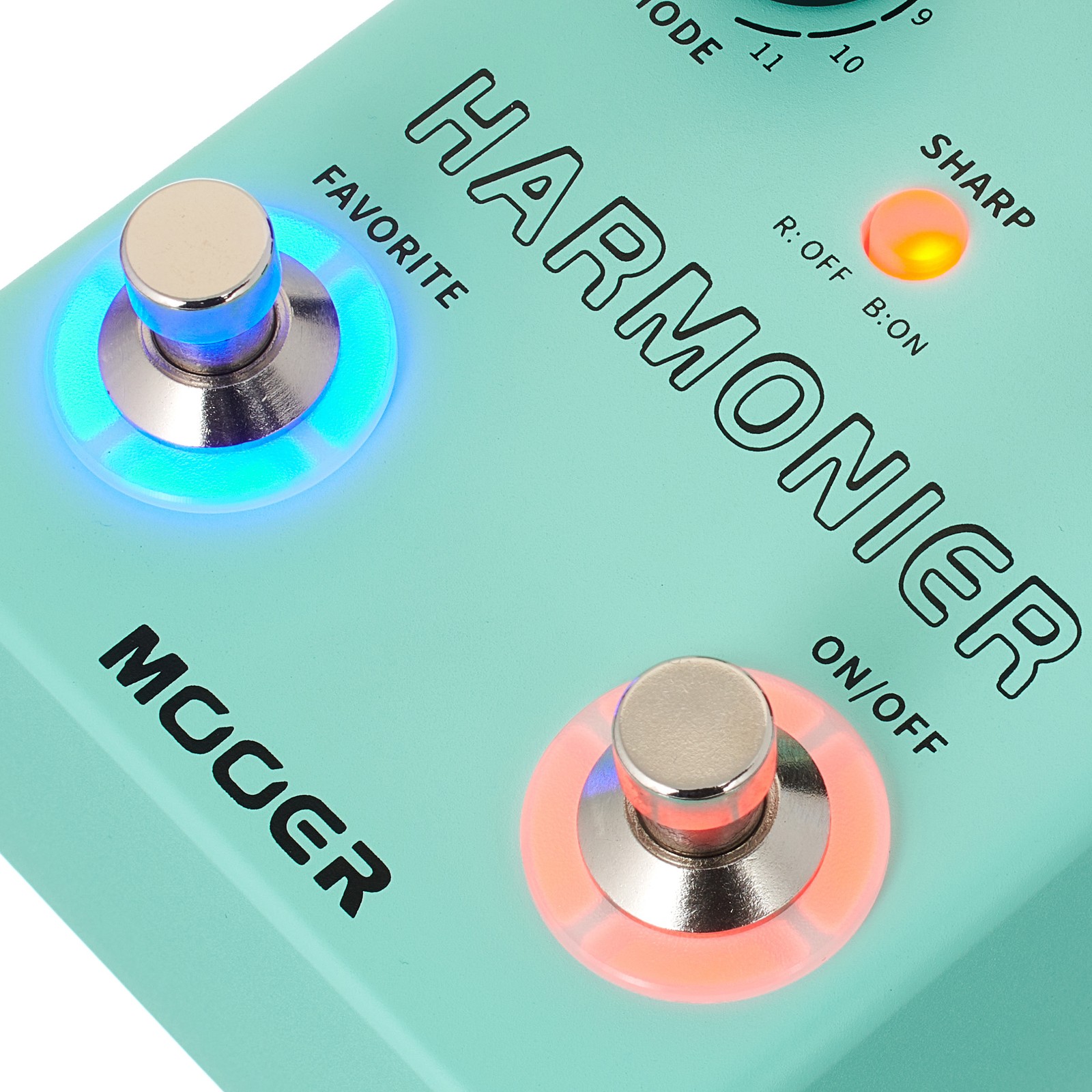 Two illuminated footswitches on the Mooer MVP2 Harmonier pedal