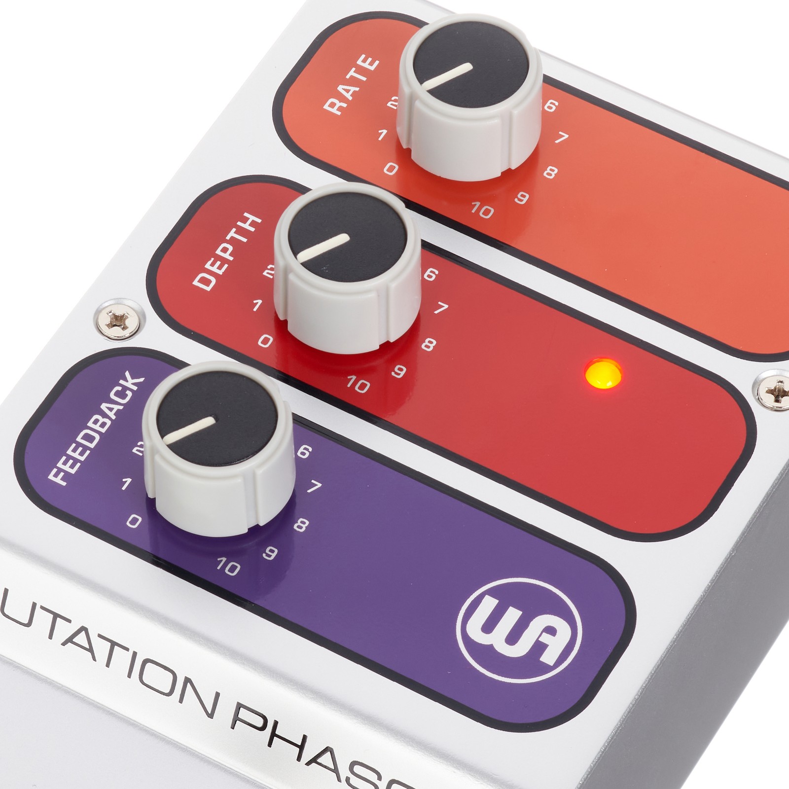 Vue détaillée des commandes du générateur d'effets Warm Audio Mutation Phasor II Phaser pour guitare électrique