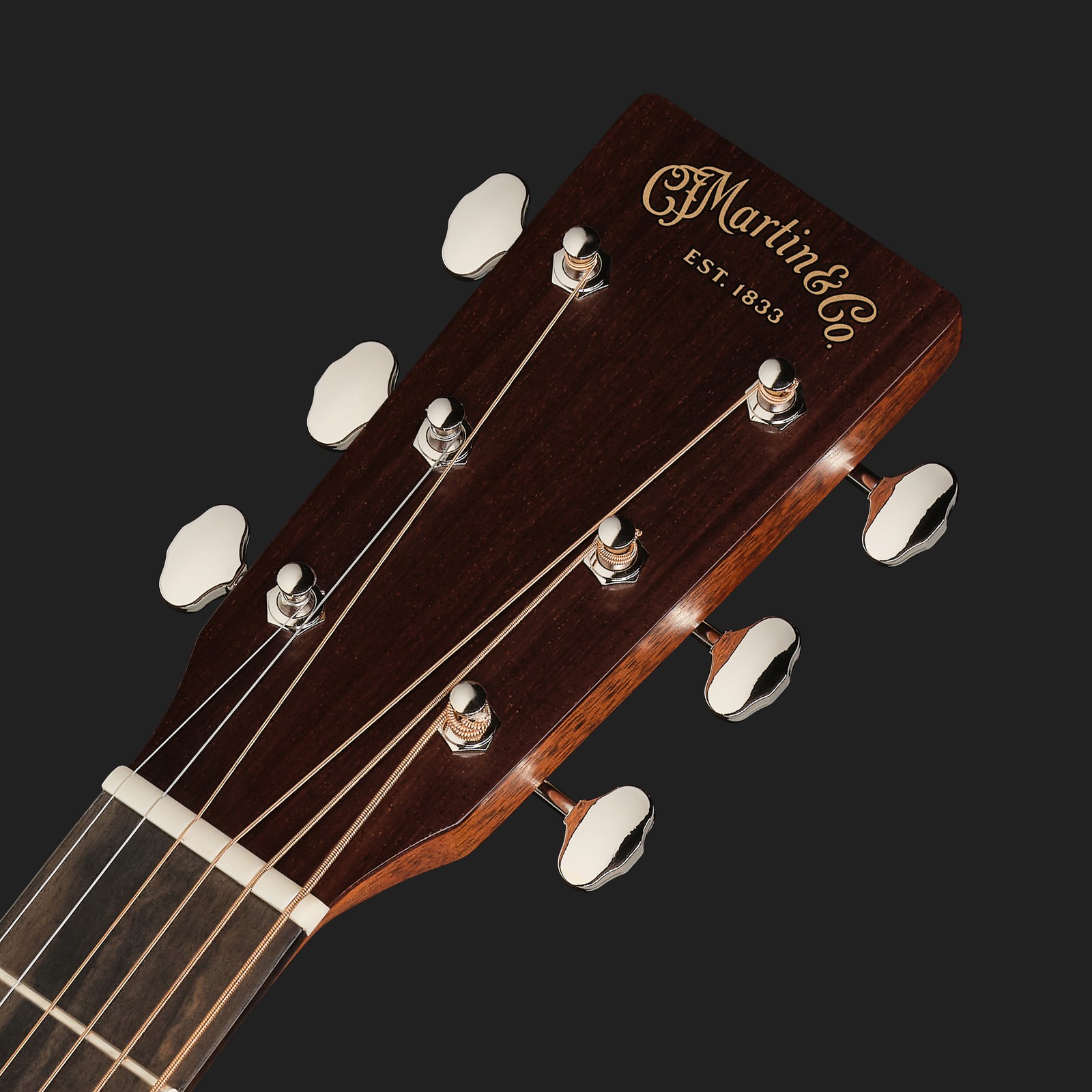 Kopfplatte der Martin Guitar DE Retro Plus Granadillo LH Westerngitarre mit Tonabnehmer