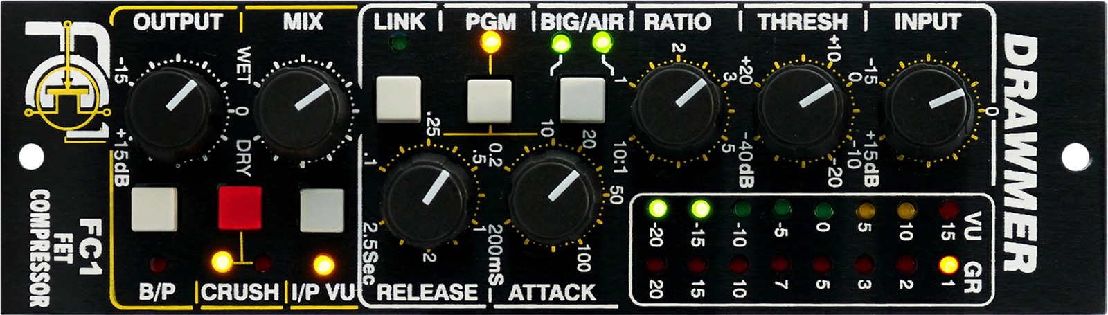 Controls of the Drawmer FC1 FET Compressor, 500 Series module