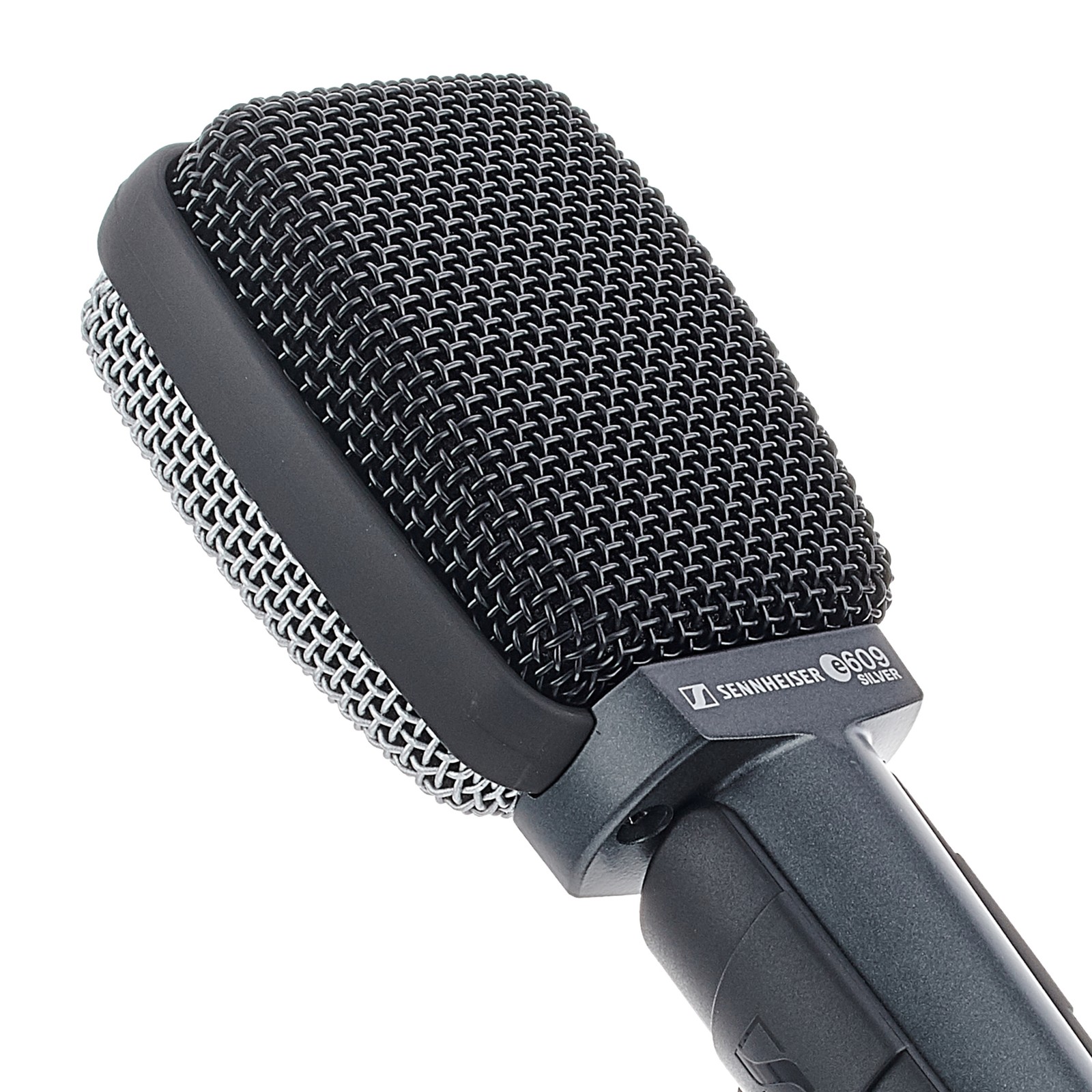 Front view of the Sennheiser E609 Silver Dynamic Instrument Microphone