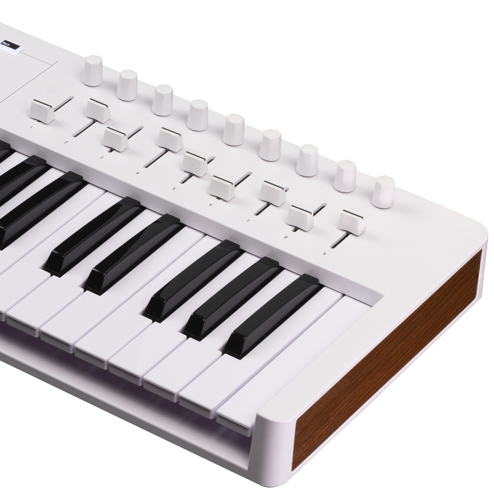 Keys, rotary encoders, and faders on the Arturia KeyLab Essential 61 MK3 White
