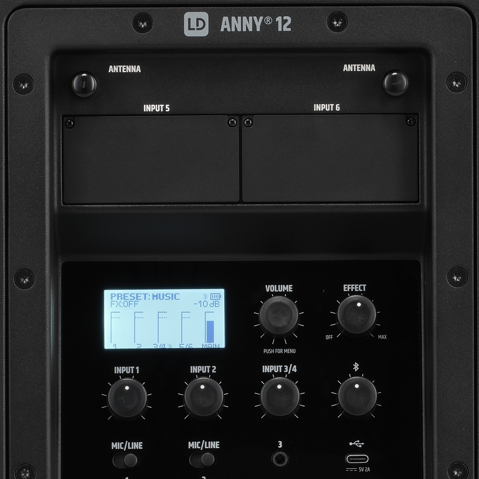 Rückseite des LD Systems ANNY 12 mit Bedienelementen