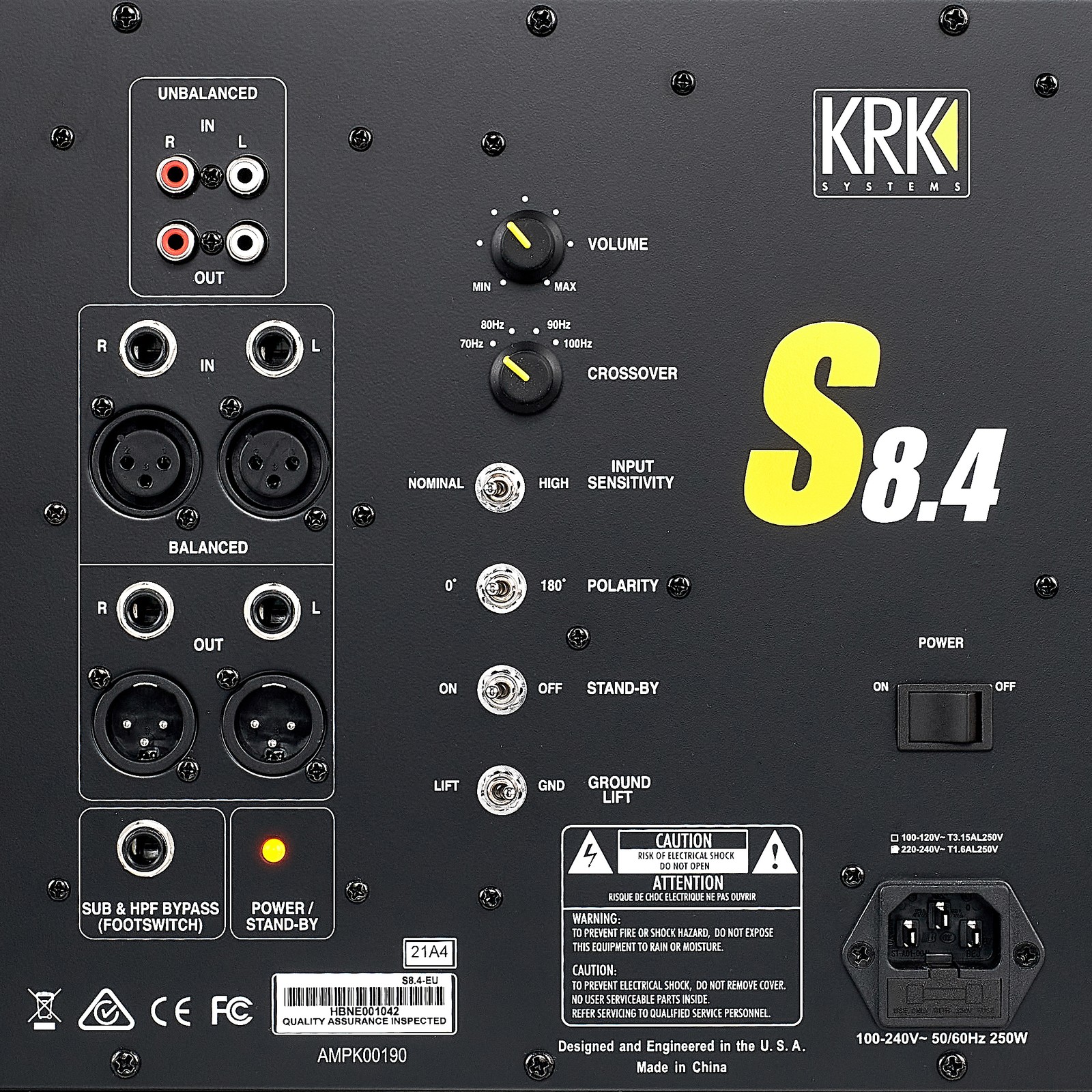 Rear view of the KRK S8G4 subwoofer with control panel