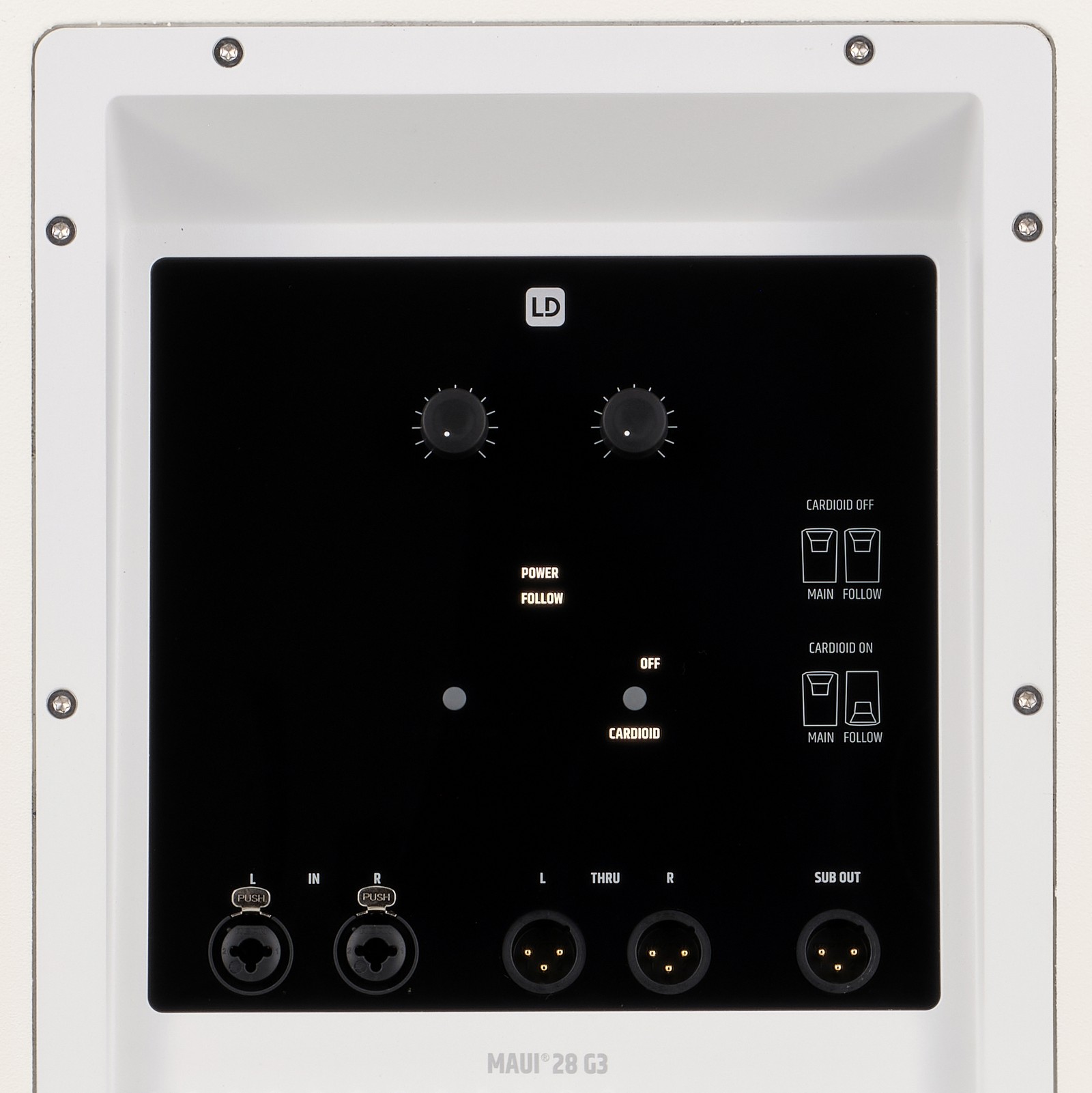 LD Systems Maui 28 G3 White, controls and sockets on the rear of the sub