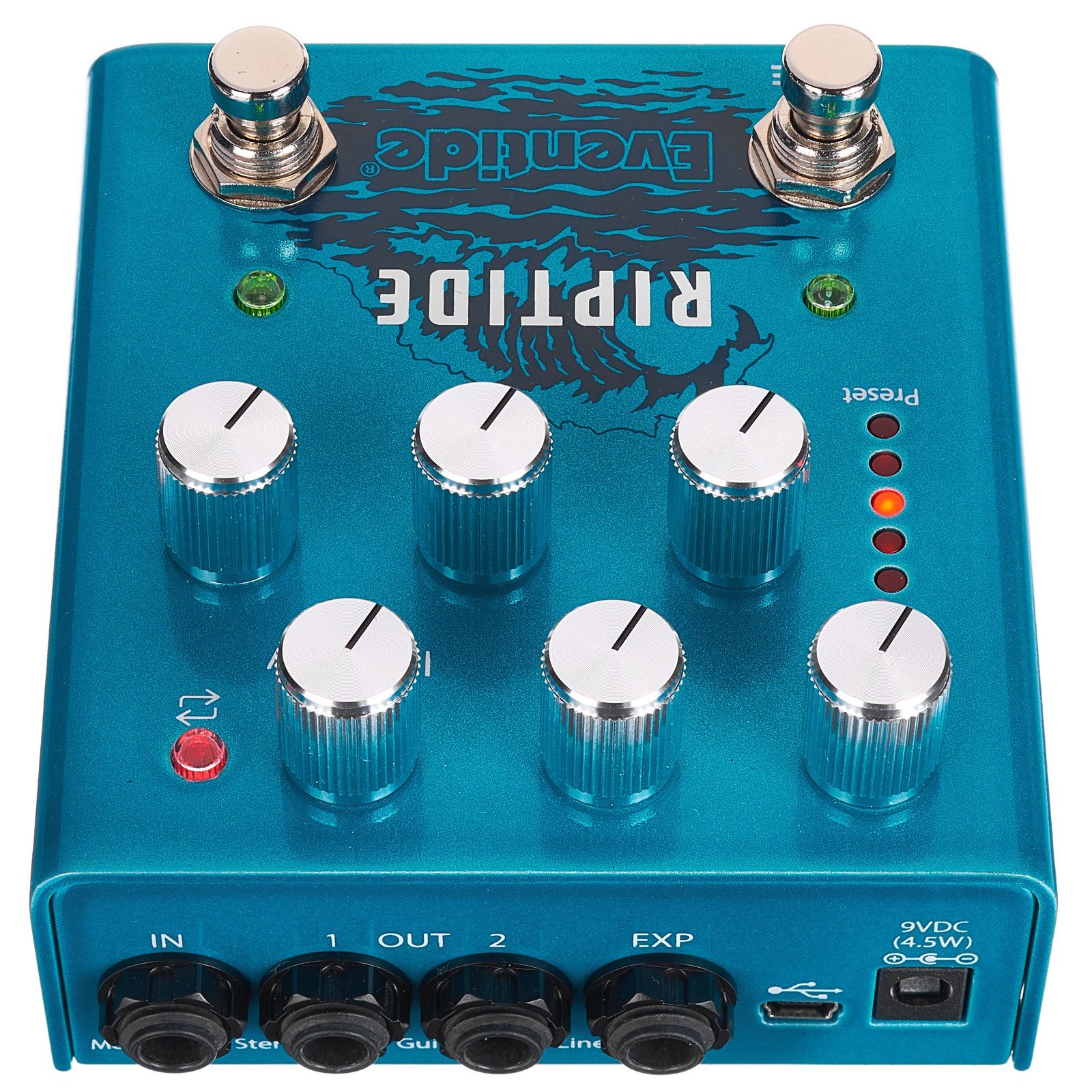 Rear view of the Eventide Riptide, dual voice vibe and drive pedal