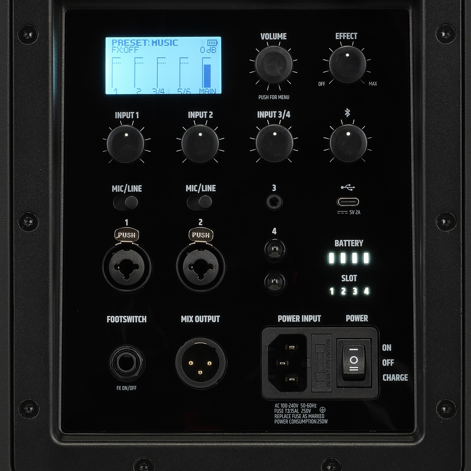 Rückseite des LD Systems ANNY 12 BPH B8 mit Bedienelementen