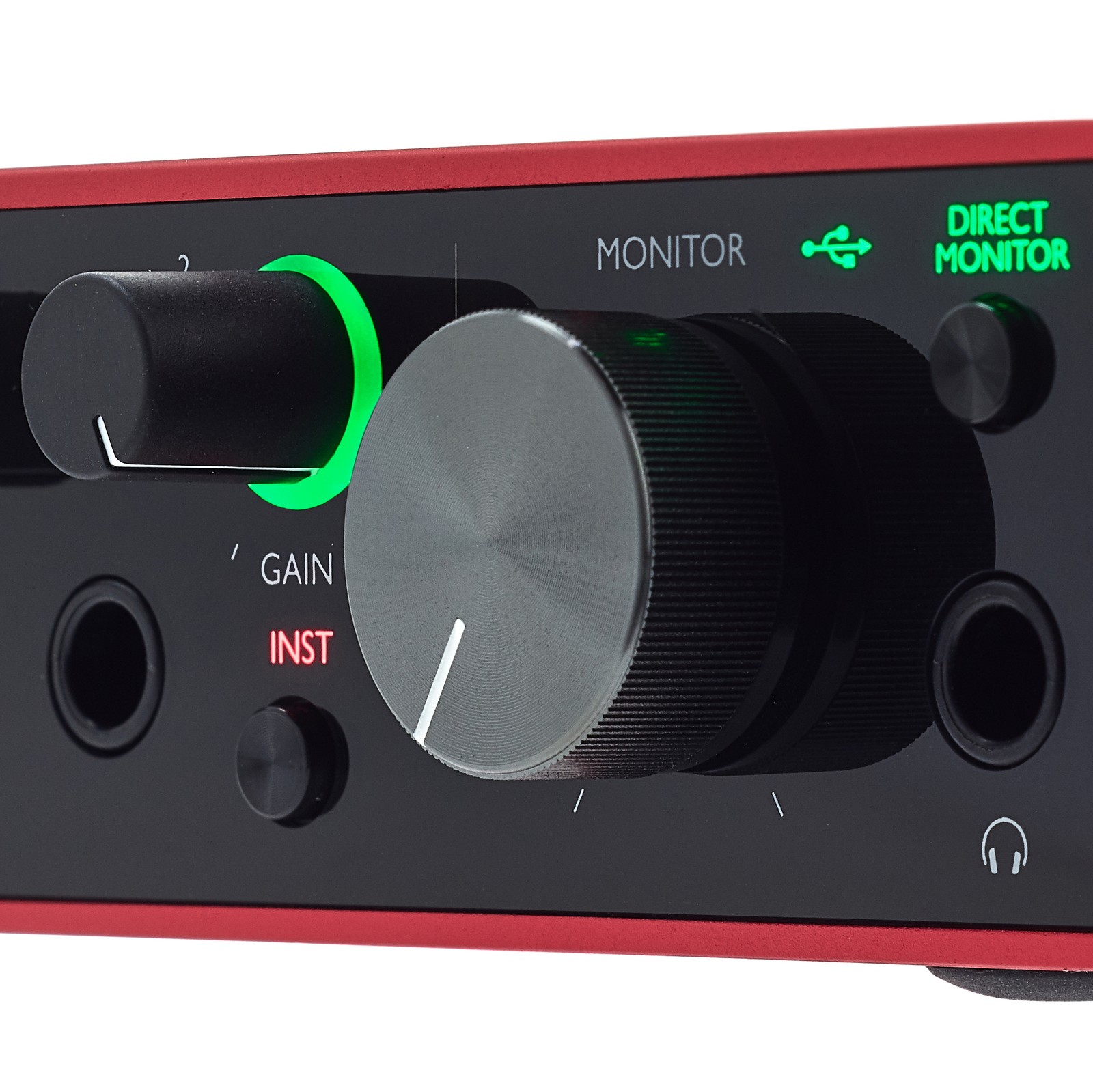 Gain Regler, Monitor Volume und Anschluss für Kopfhörer am Focusrite Scarlett Solo 3rd Gen