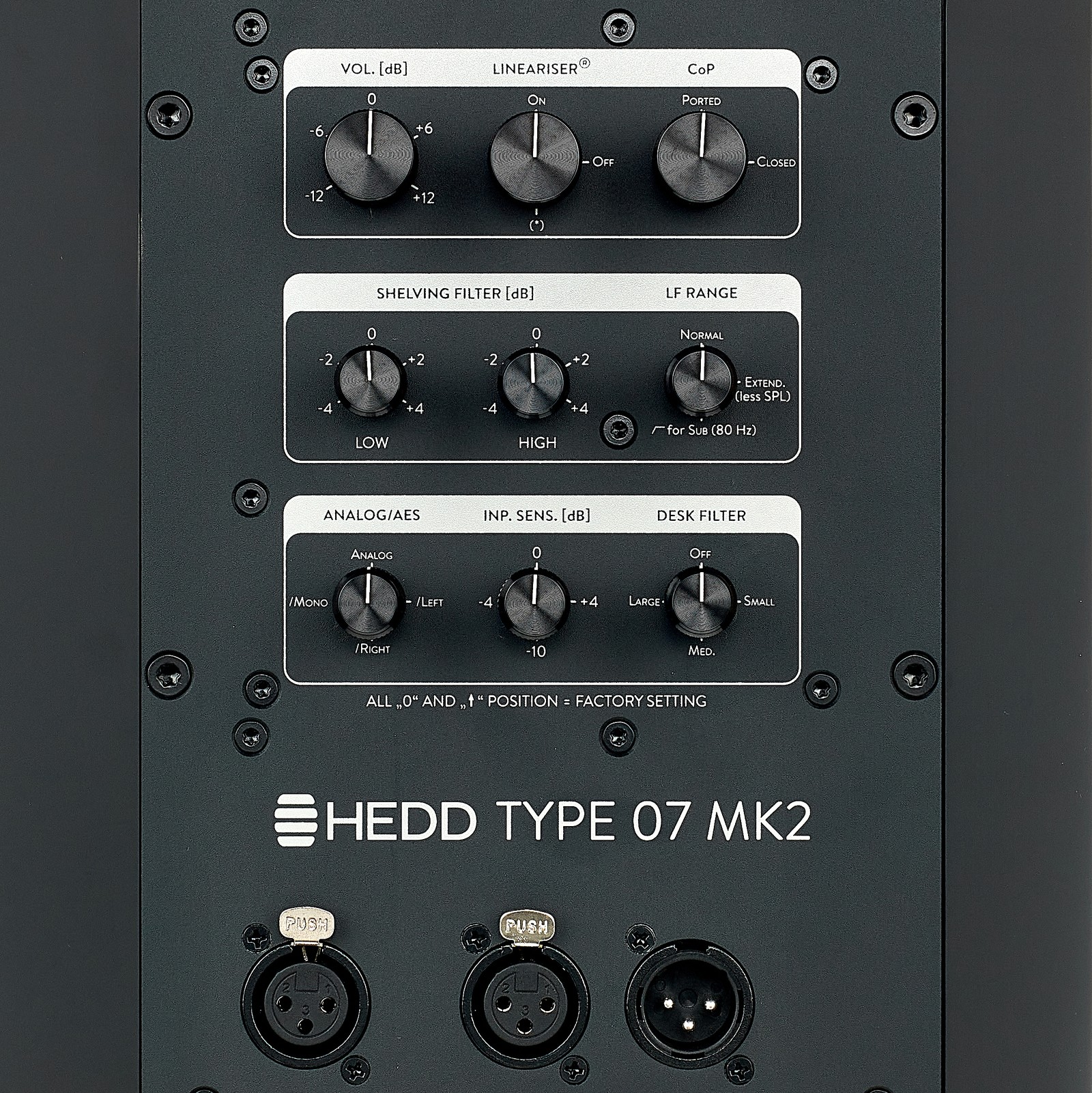 Rear view of the HEDD Type 07 MK2 two-way monitor speaker, with sockets and controls