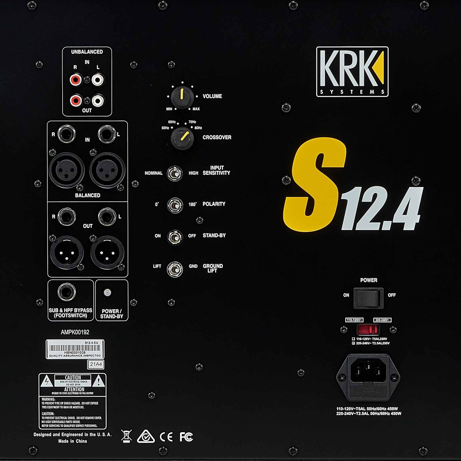 Rückseite des KRK S12G4 Subwoofers mit Bedienelementen