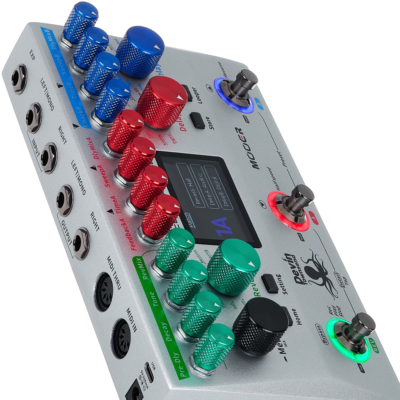 Connections on the Mooer Ocean Machine II Delay/Reverb Effect Pedal for Electric Guitar