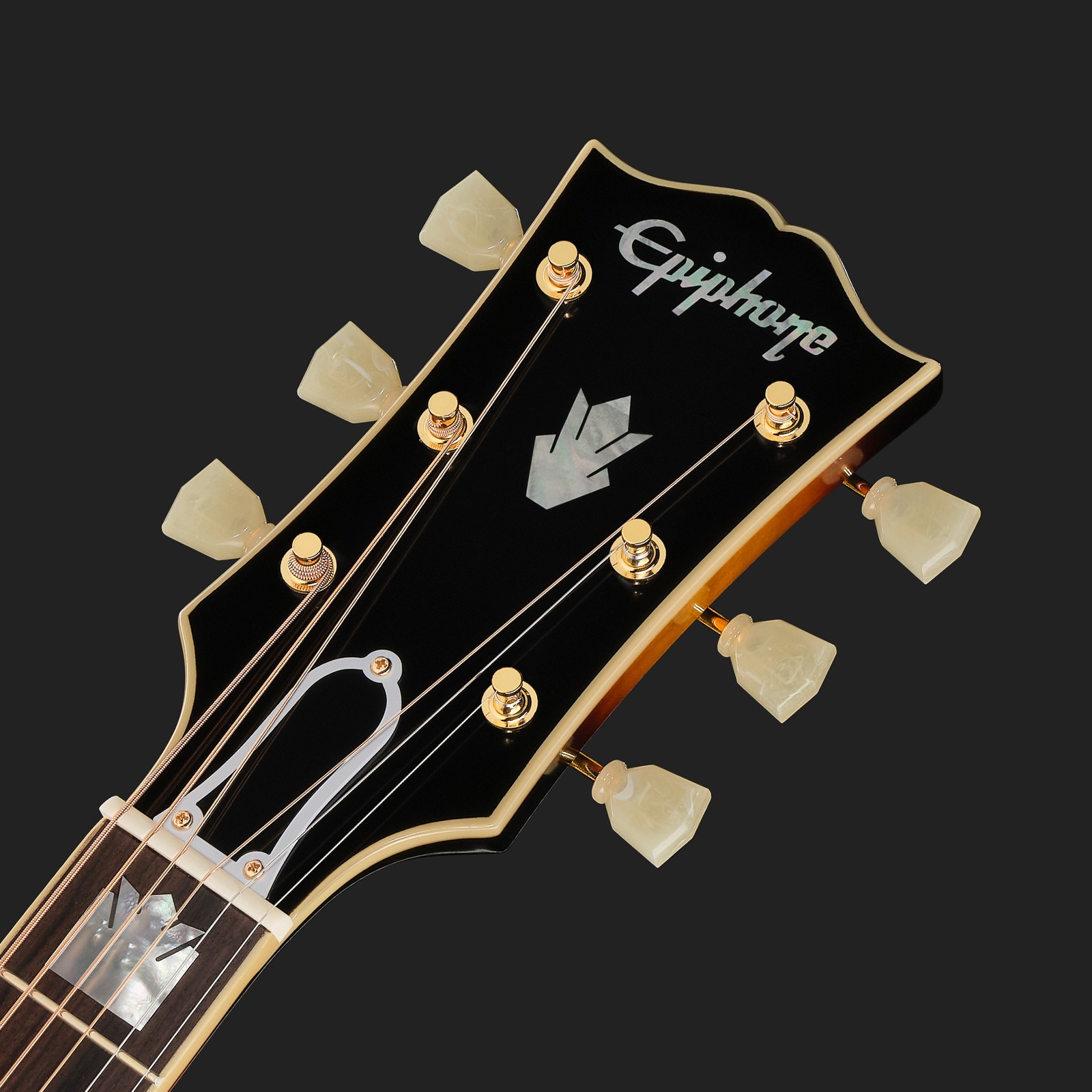 Headstock on the Epiphone 1957 SJ-200 Reissue VS IBC, steel-string acoustic guitar