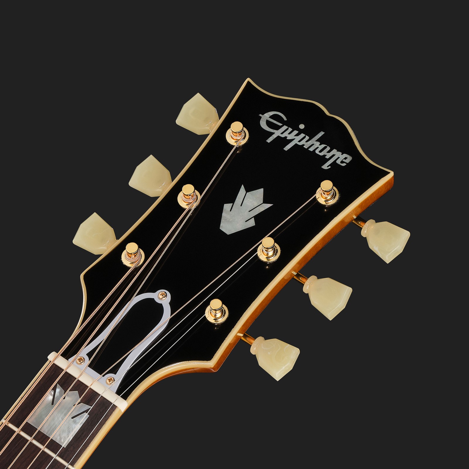 Headstock on the Epiphone 1957 SJ-200 Reissue AN IBC, acoustic steel-string