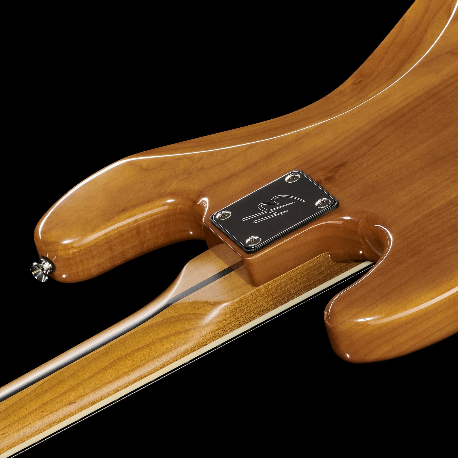 Geschraubter Hals auf der Bassgitarre Harley Benton MV-4JB Natural von hinten