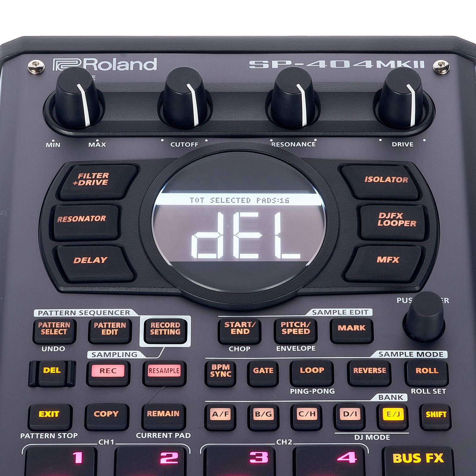 Screen and settings buttons on the Roland SP-404MKII
