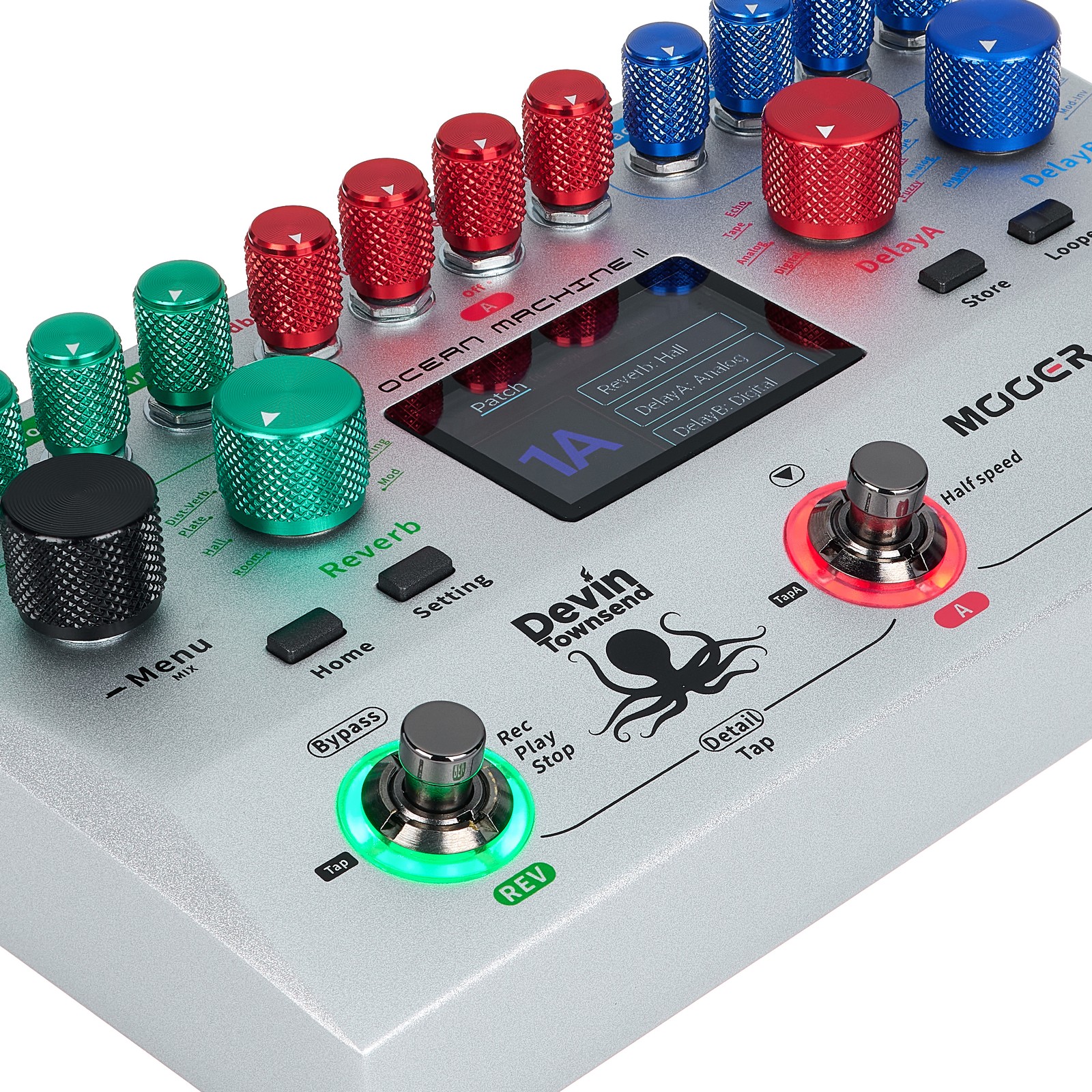 Controls on the Mooer Ocean Machine II Delay/Reverb Effect Pedal for Electric Guitar