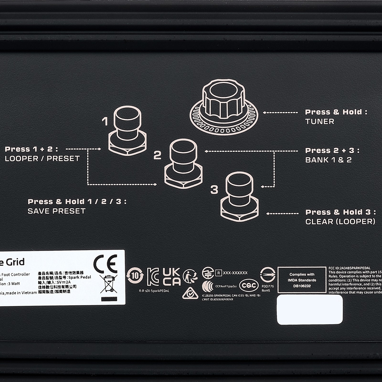Unterseite des Positive Grid Spark Pedal mit Tastenanleitung
