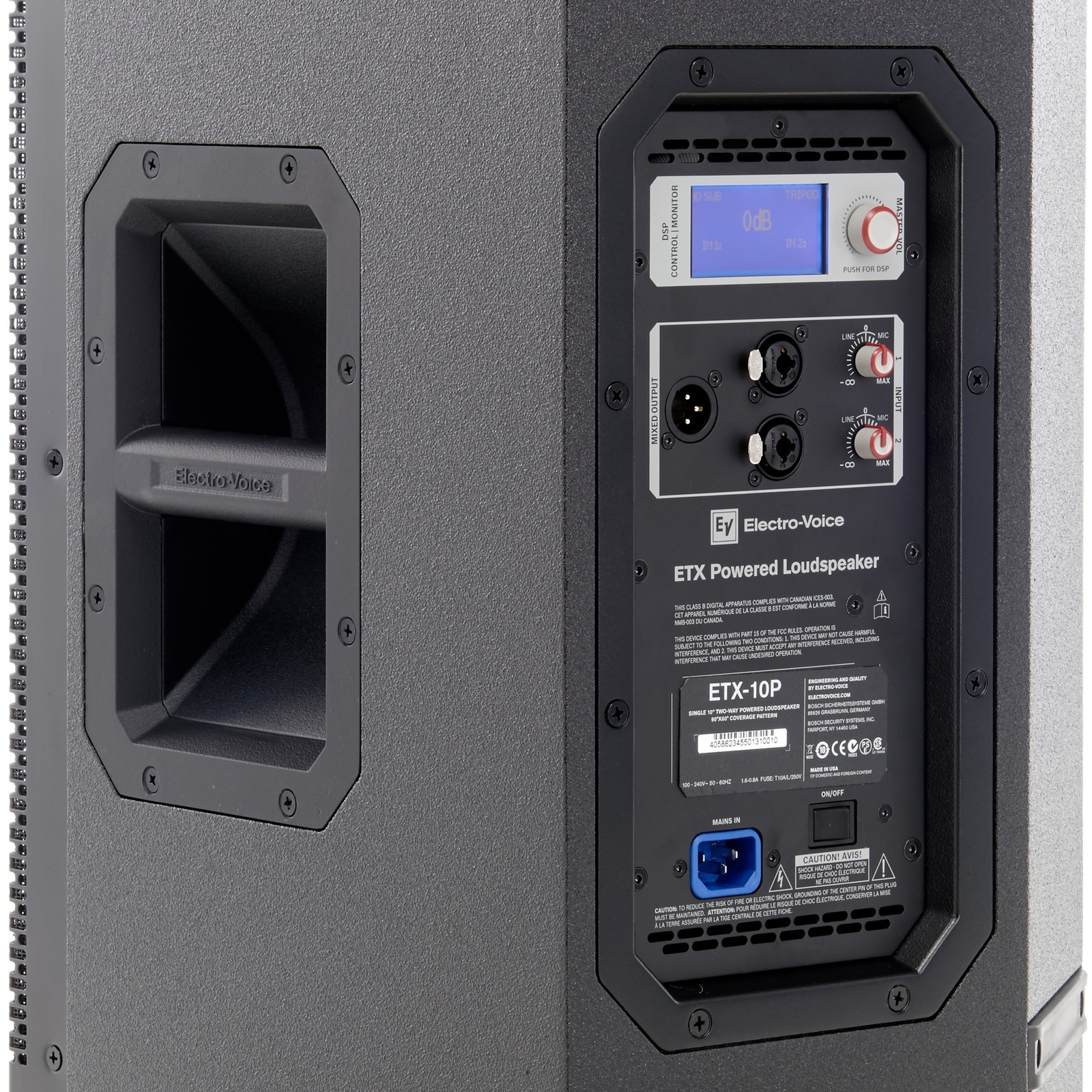 Controls and connections on the EV ETX-10P Active 10" Speaker