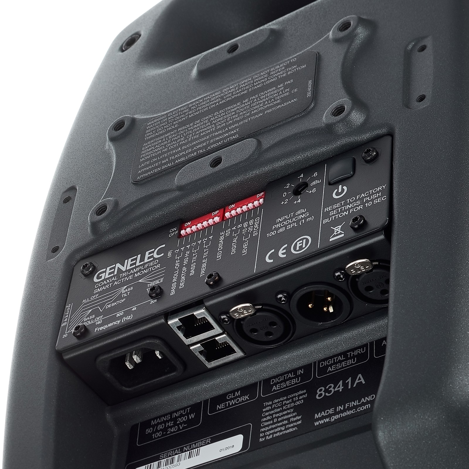 Back of the Genelec 8341 AP, complete with connections