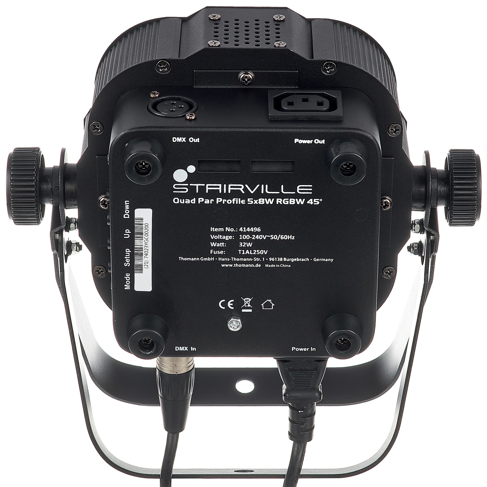 Rückseite mit Anschlüssen am Stairville Quad Par Profile 5x8W RGBW 45° Flat LED-PAR
