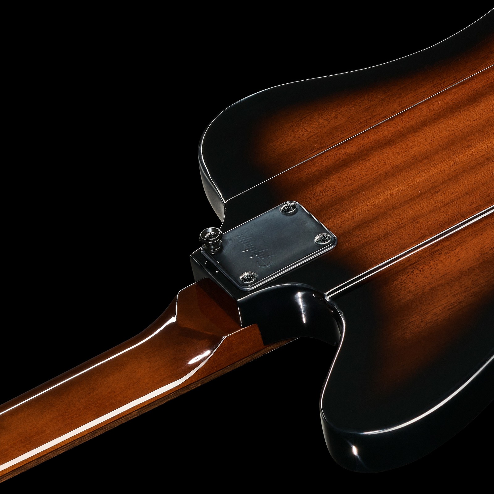 Mahogany back from the Epiphone Thunderbird IV VSB with bolt-on neck and rear strap pin.