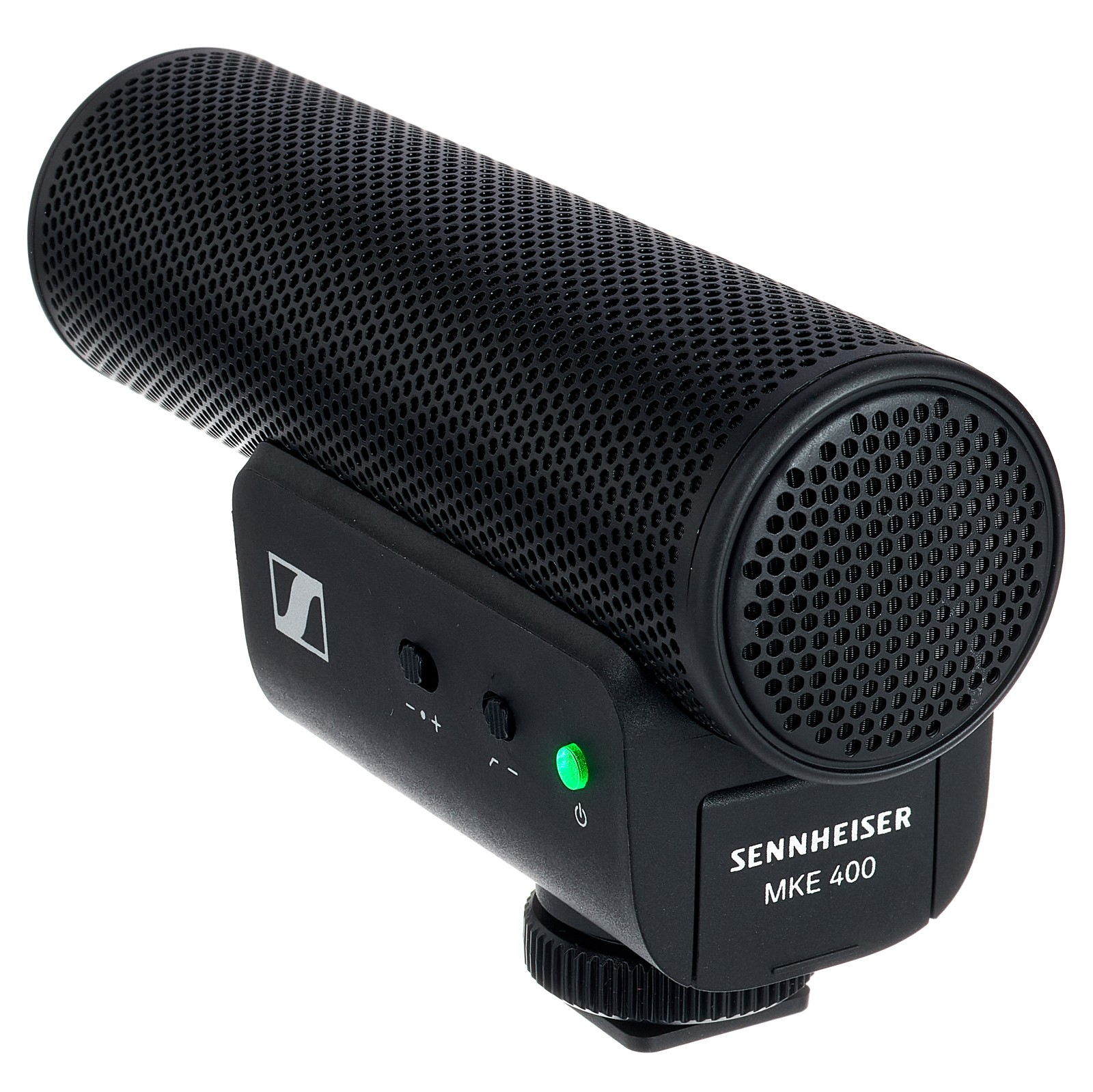 Sennheiser MKE 400 MKII von schräg hinten mit Batteriefach, LED und Reglern