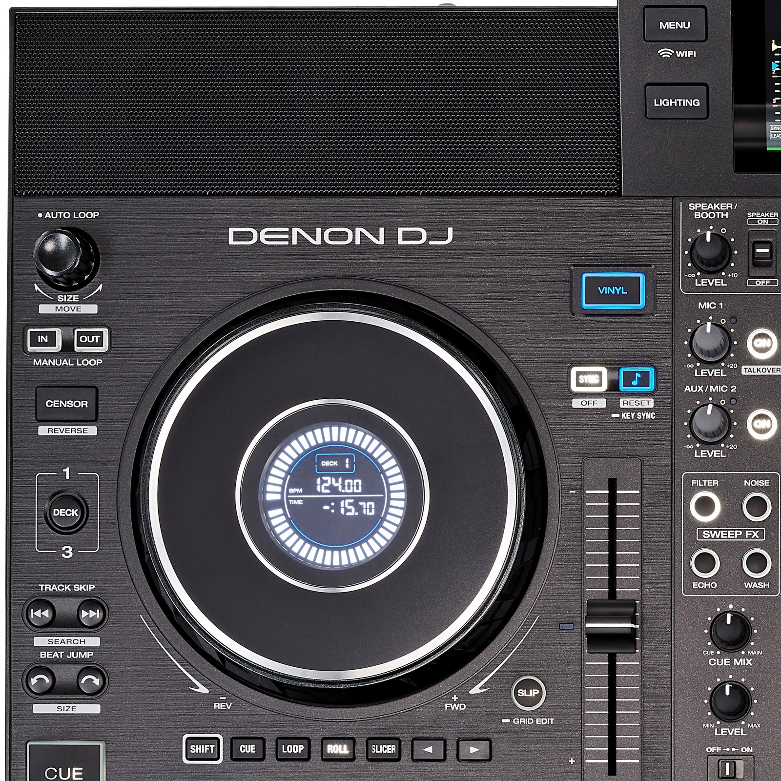 Jog Wheel mit Bildschirm und Logo am Denon DJ SC Live 4
