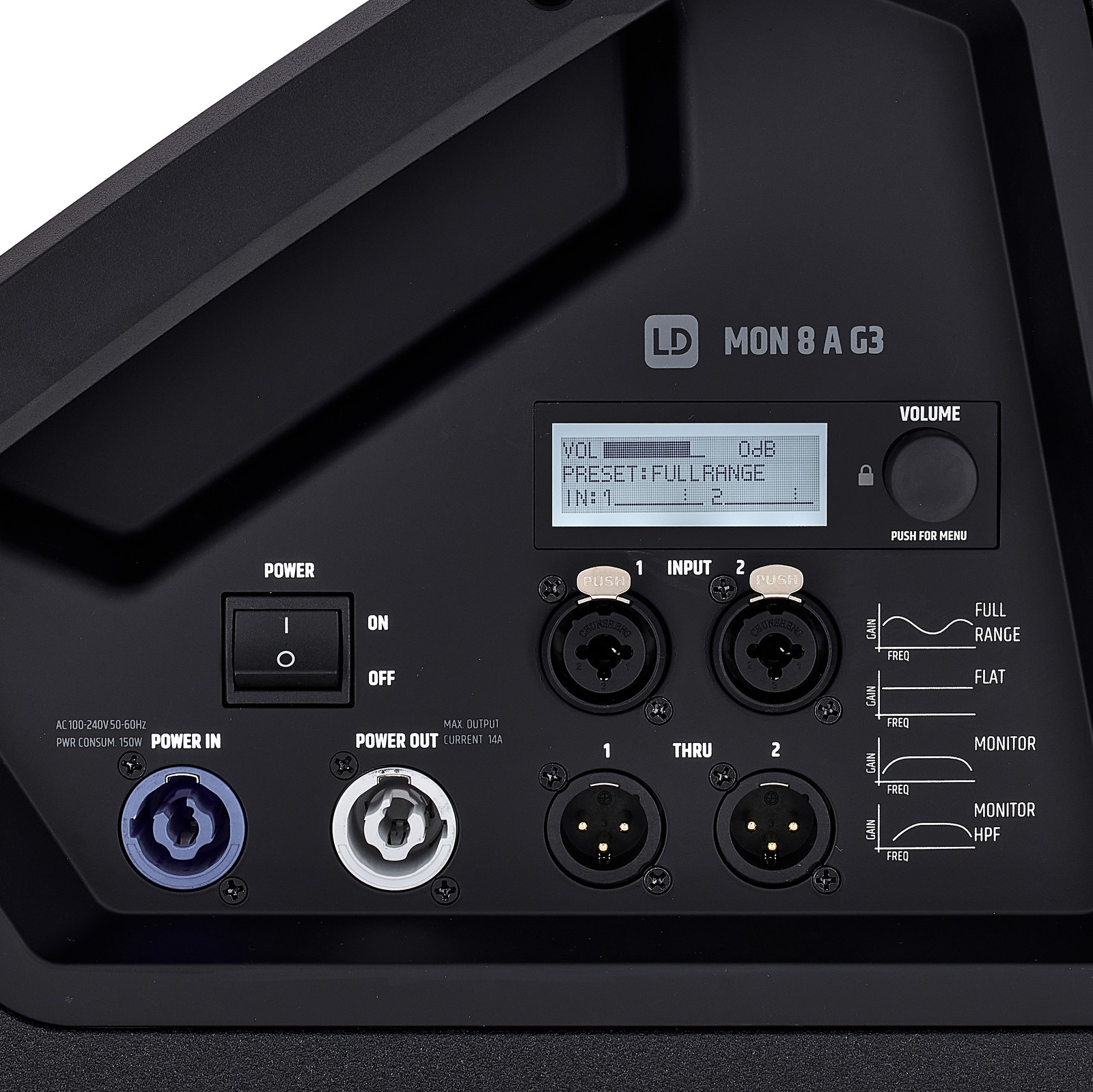 Anschlüsse und Regler auf der Seite des  LD Systems MON 8 A G3 LD Systems MON 8 A G3