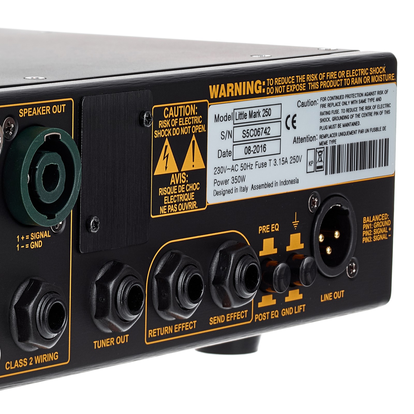 Rückseite mit Anschlüssen vom Little Mark 250 Black Line Topteil für E-Bass