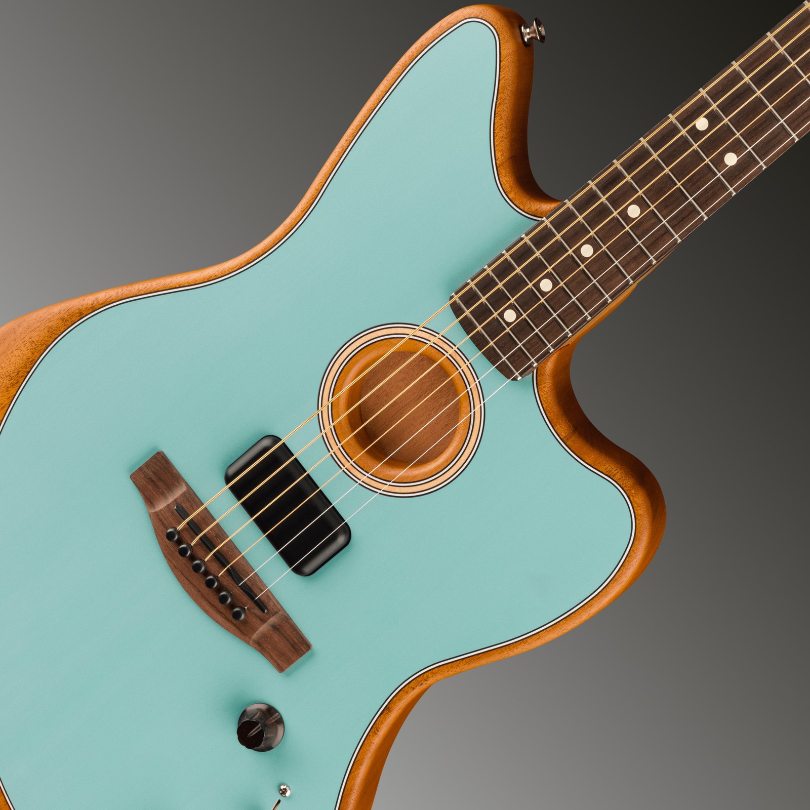 Fender Acoustasonic Player Jazzmaster Ice Blue Schallloch und Tonabnehmer