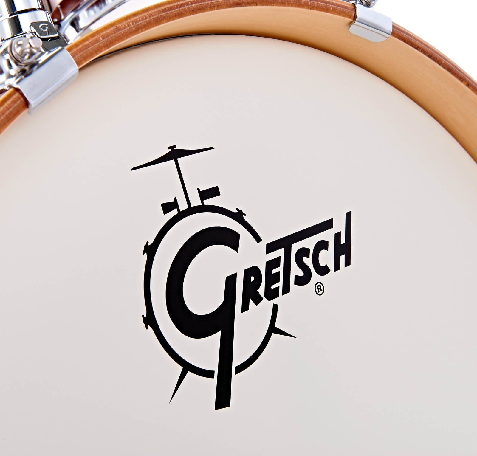 White bass drum resonant head with Gretsch logo