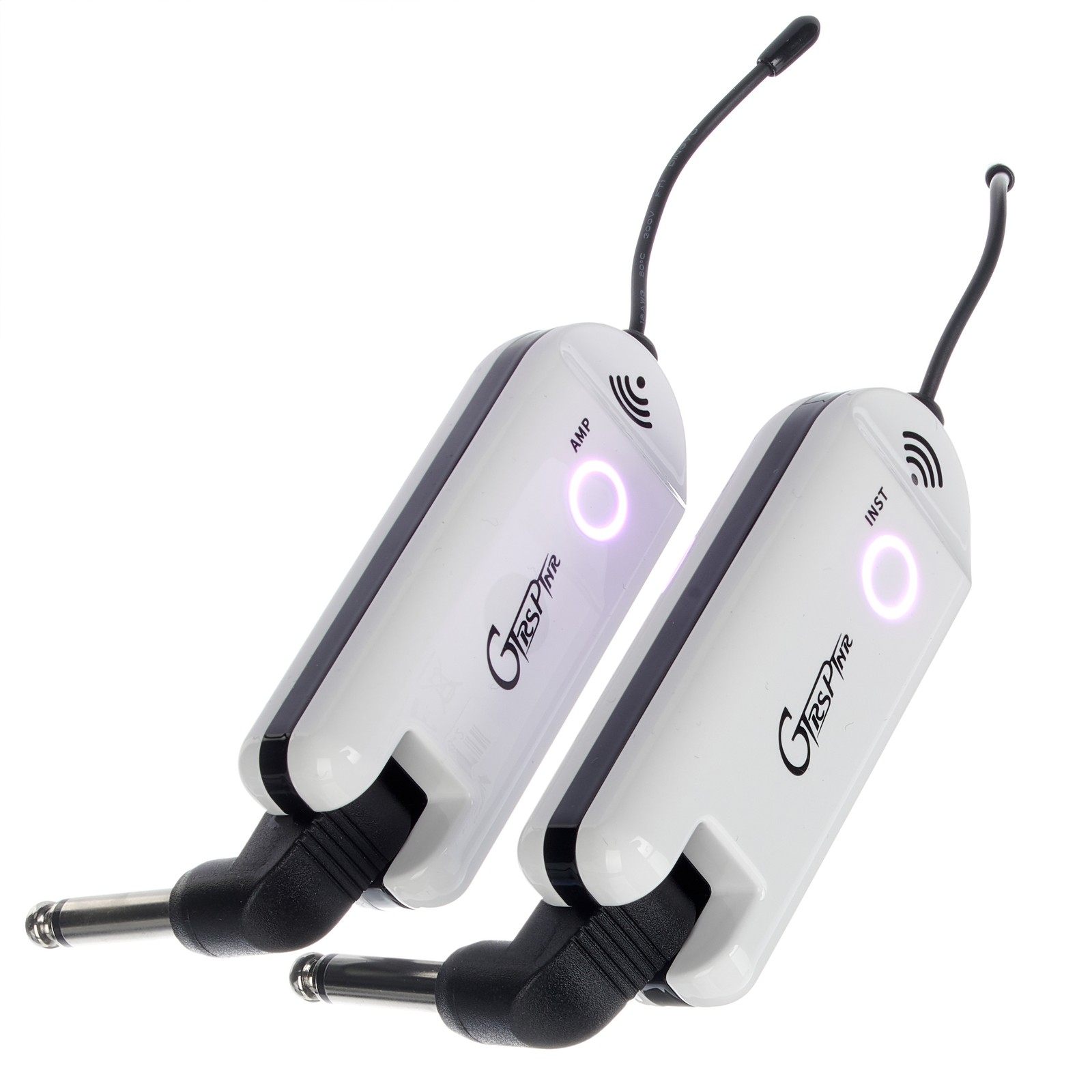 Mooer GTRS GWU4 Wireless Plug White transmitter and receiver from the side