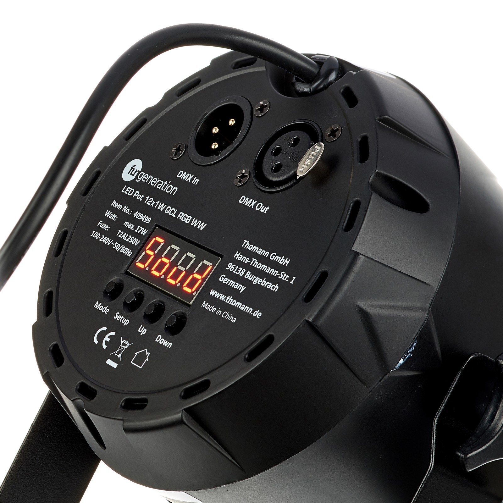 Rückseite des Fun Generation LED Pot 12x1W QCL RGB WW mit Einstellmöglichkeiten und Display