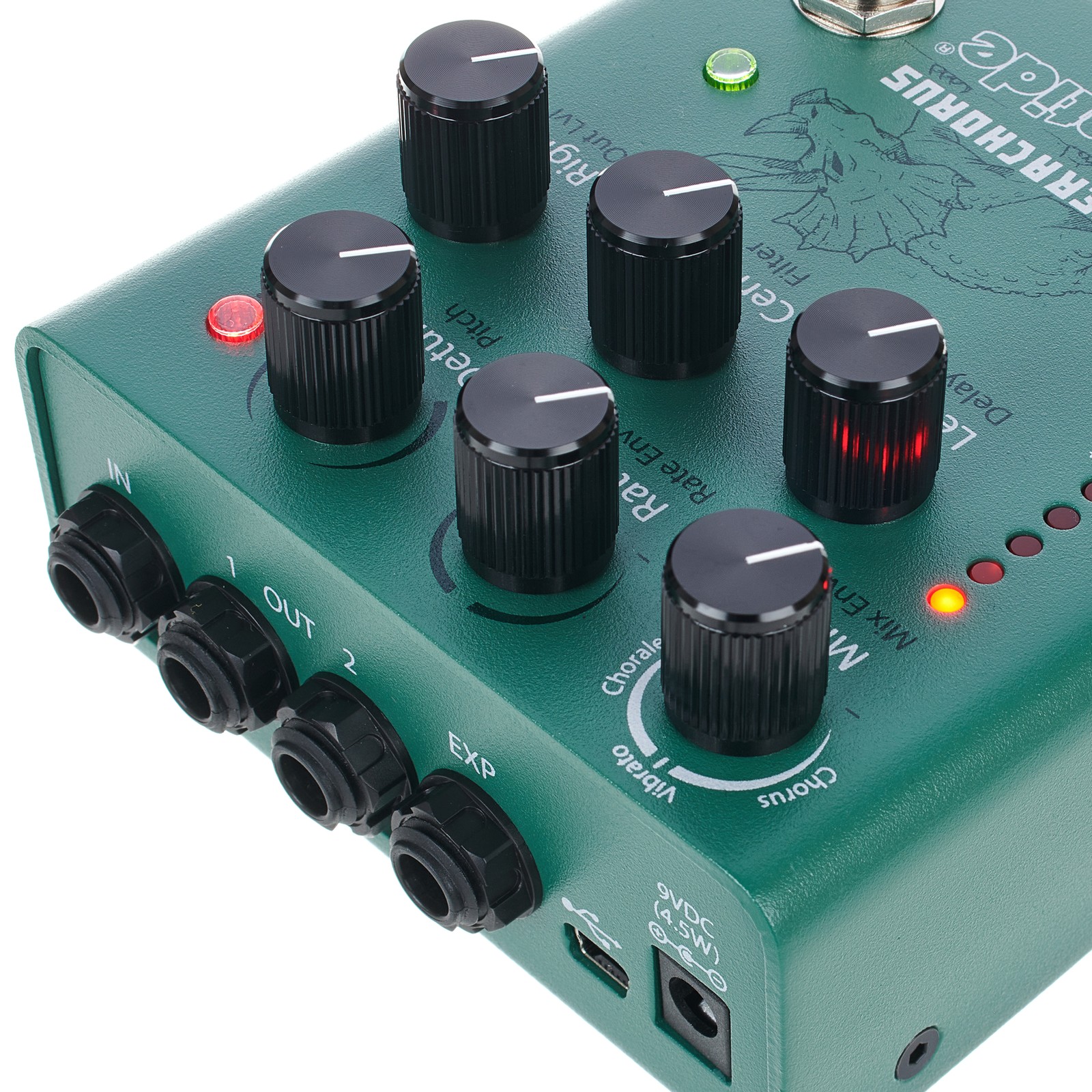 Anschlüsse und Regler des Eventide Tricera Chorus Effektpedal für E-Gitarre und Bass