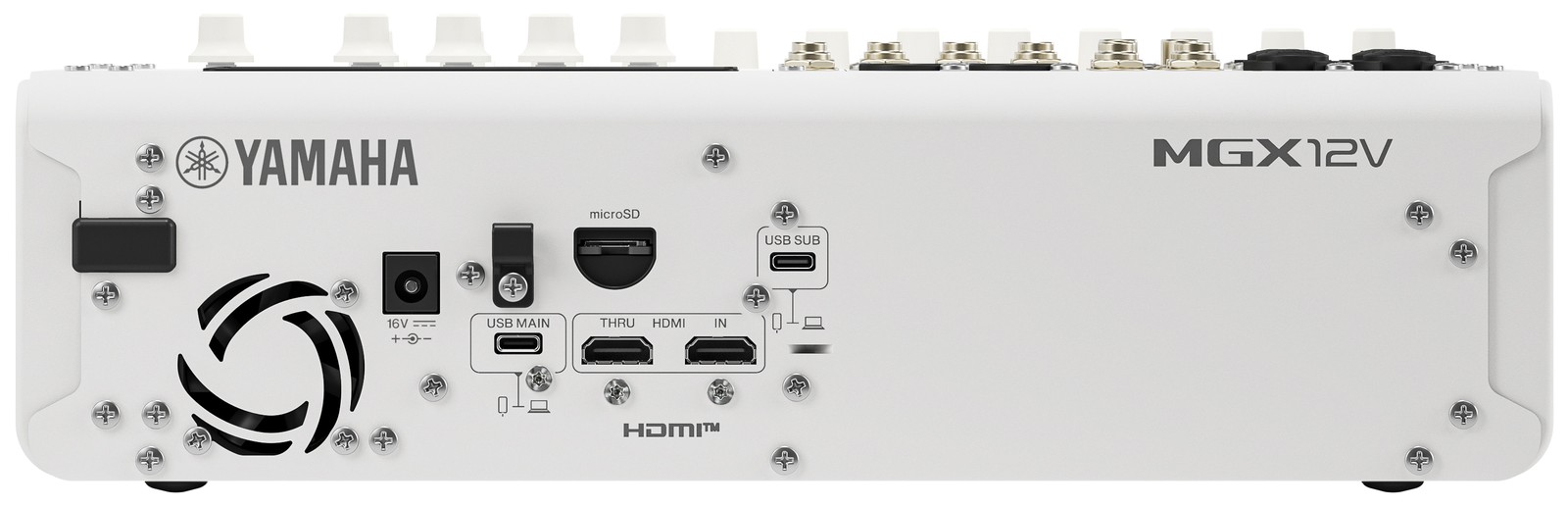 Rear view of the Yamaha MGX12V White, HDMI digital mixer