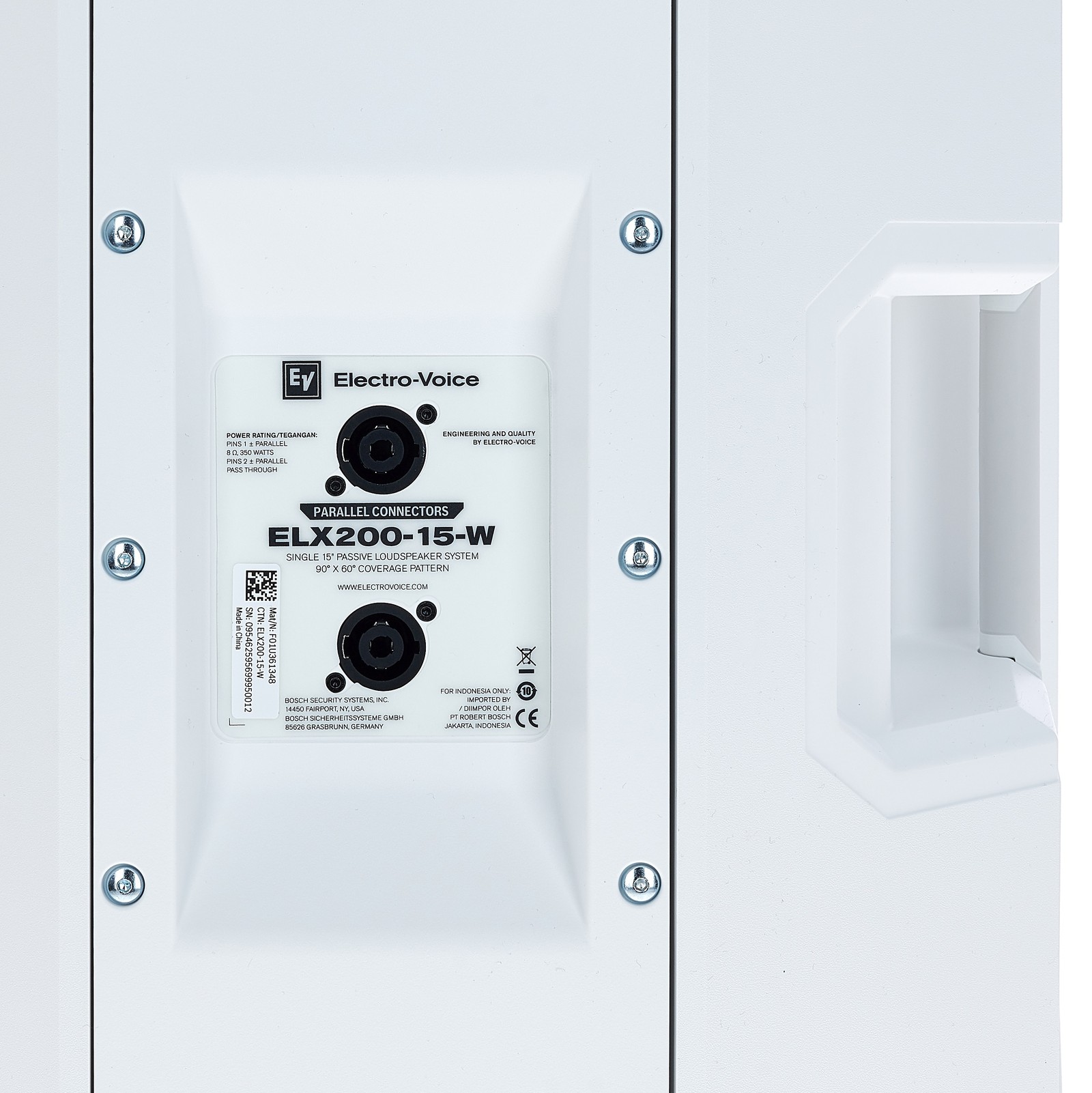 Connections on the EV ELX200-15-W 15" 2-Way passive loudspeaker