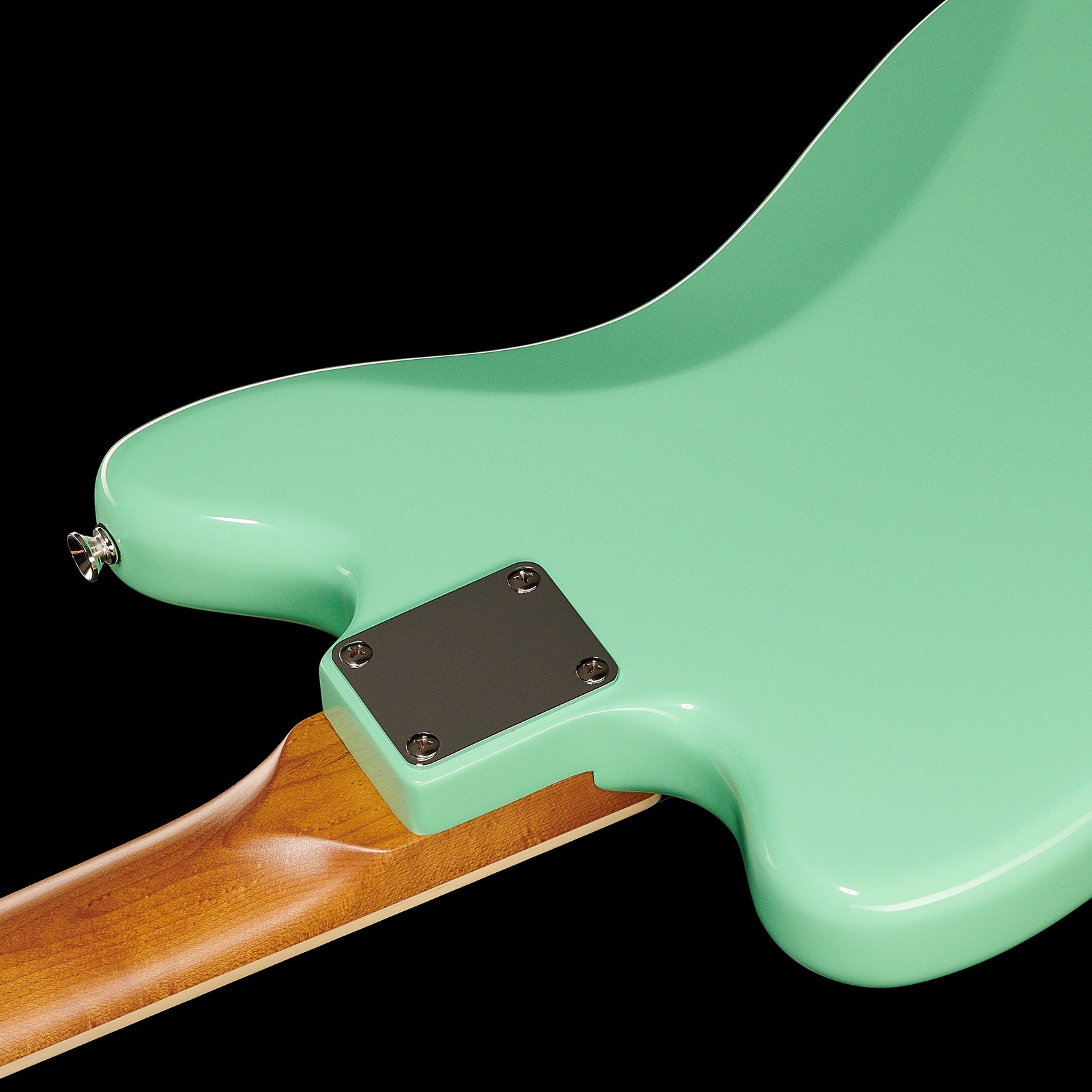 Geschraubter gerösteter Ahornhals auf der Rückseite der Harley Benton JA-60CC Seafoam Green