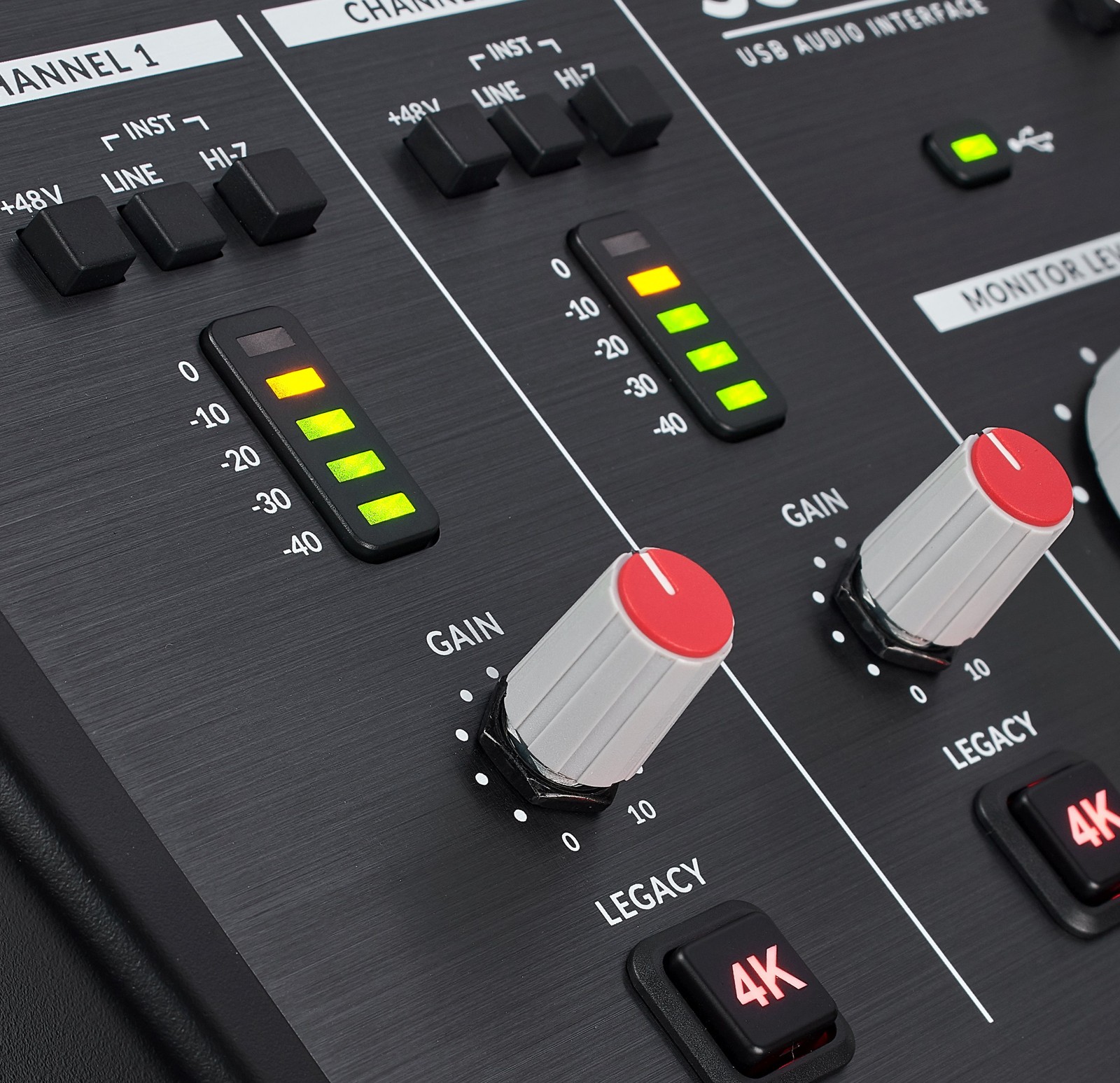 Closeup of the SSL 2+ 2x4 USB-C Audio Interface