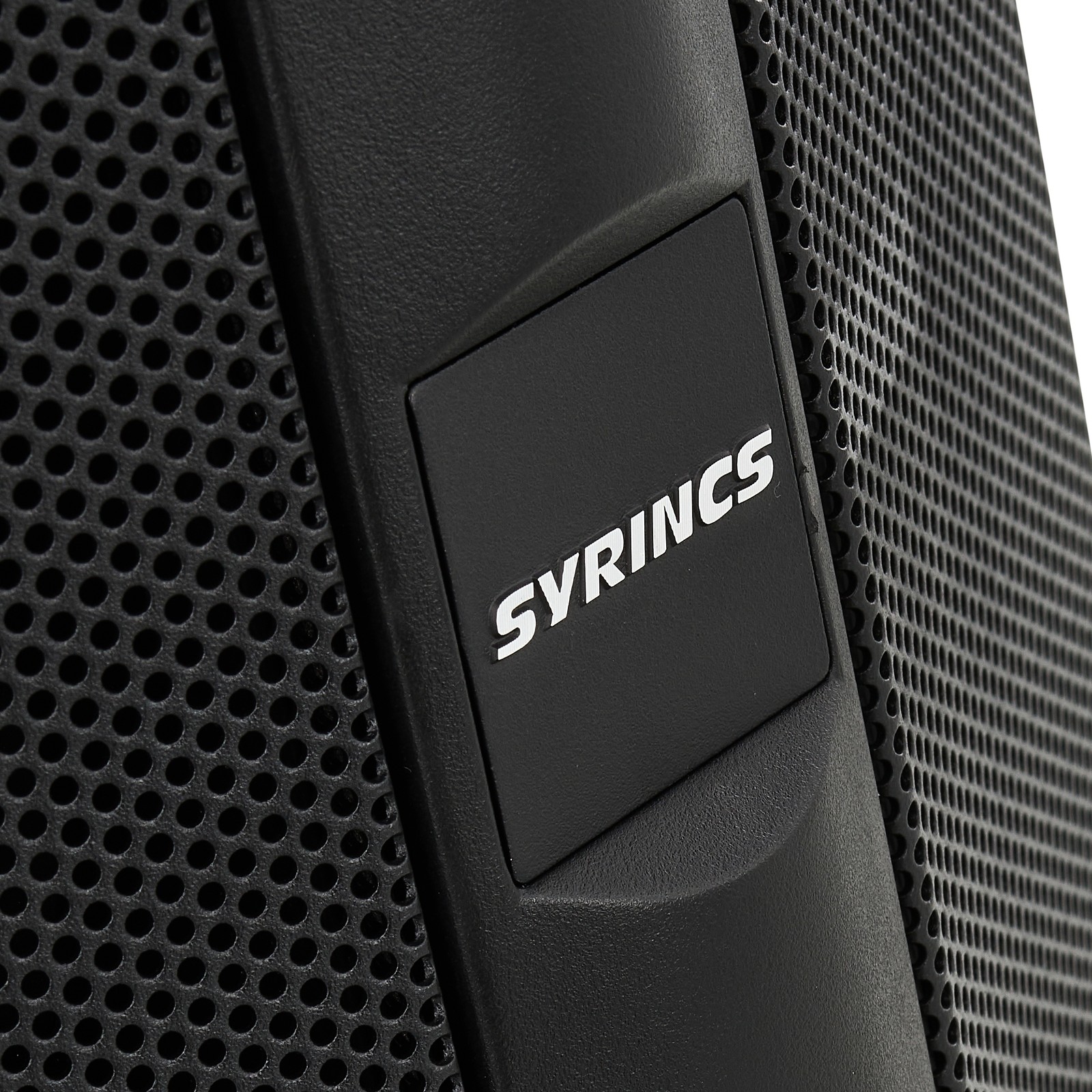 Syrincs logo on the front of the subwoofer