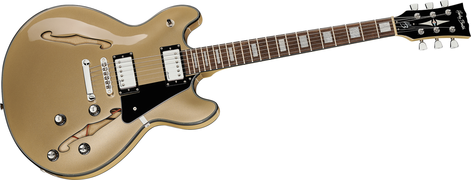 front of the semi acoustic electric guitar Harley Benton HB-35Plus Shoreline Gold