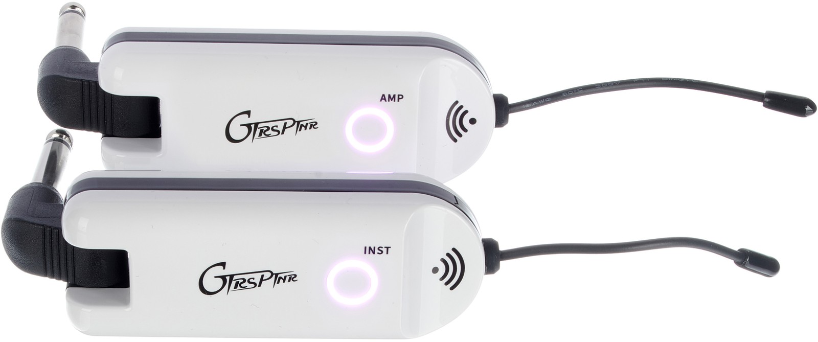 View of the transmitter and receiver of the Mooer GTRS GWU4 Wireless Plug White system