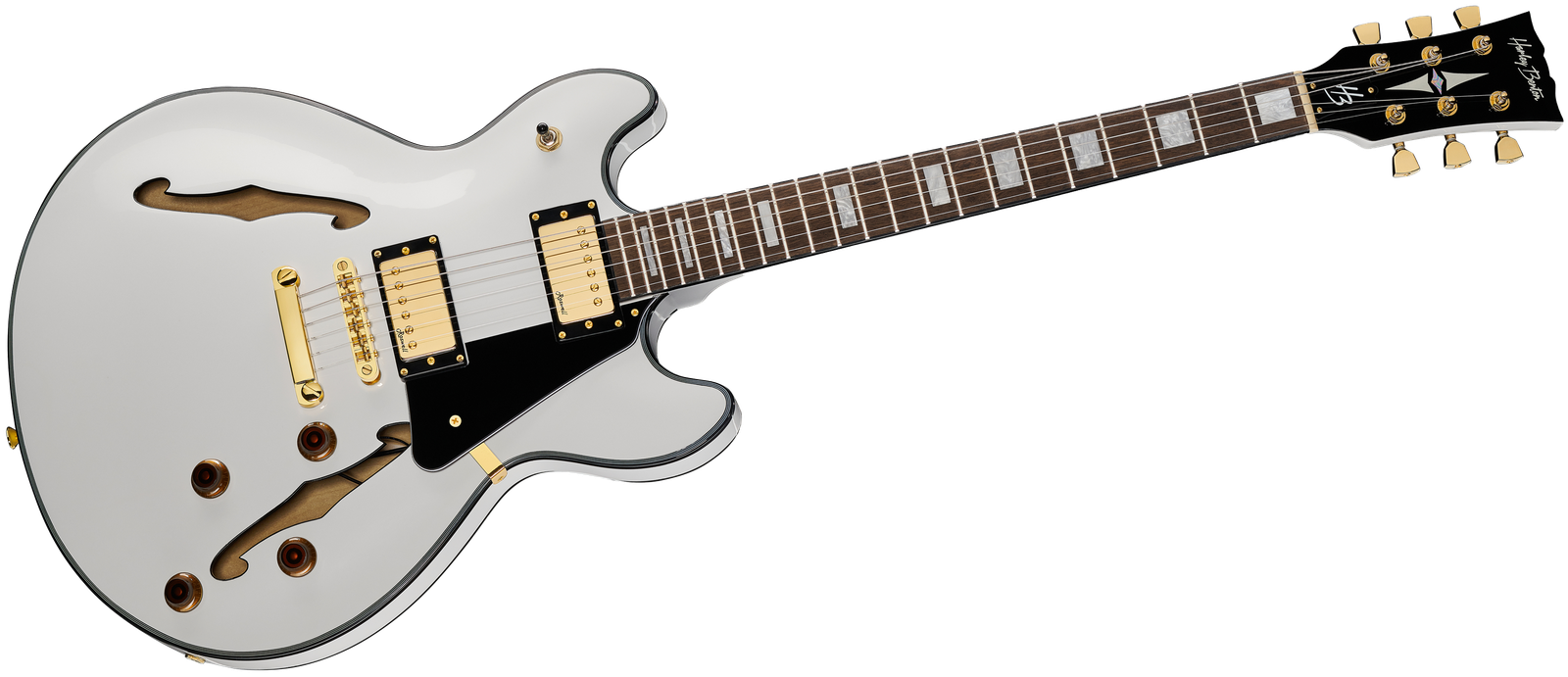 front of the semi-acoustic electric guitar Harley Benton HB-35Plus White