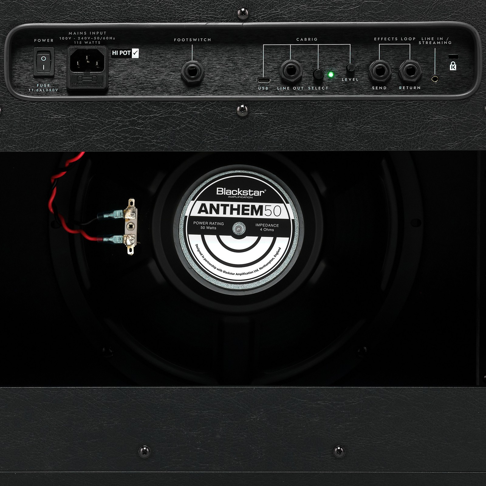 Rückseite mit Anschlüssen und Speaker des Blackstar ID:X 50 