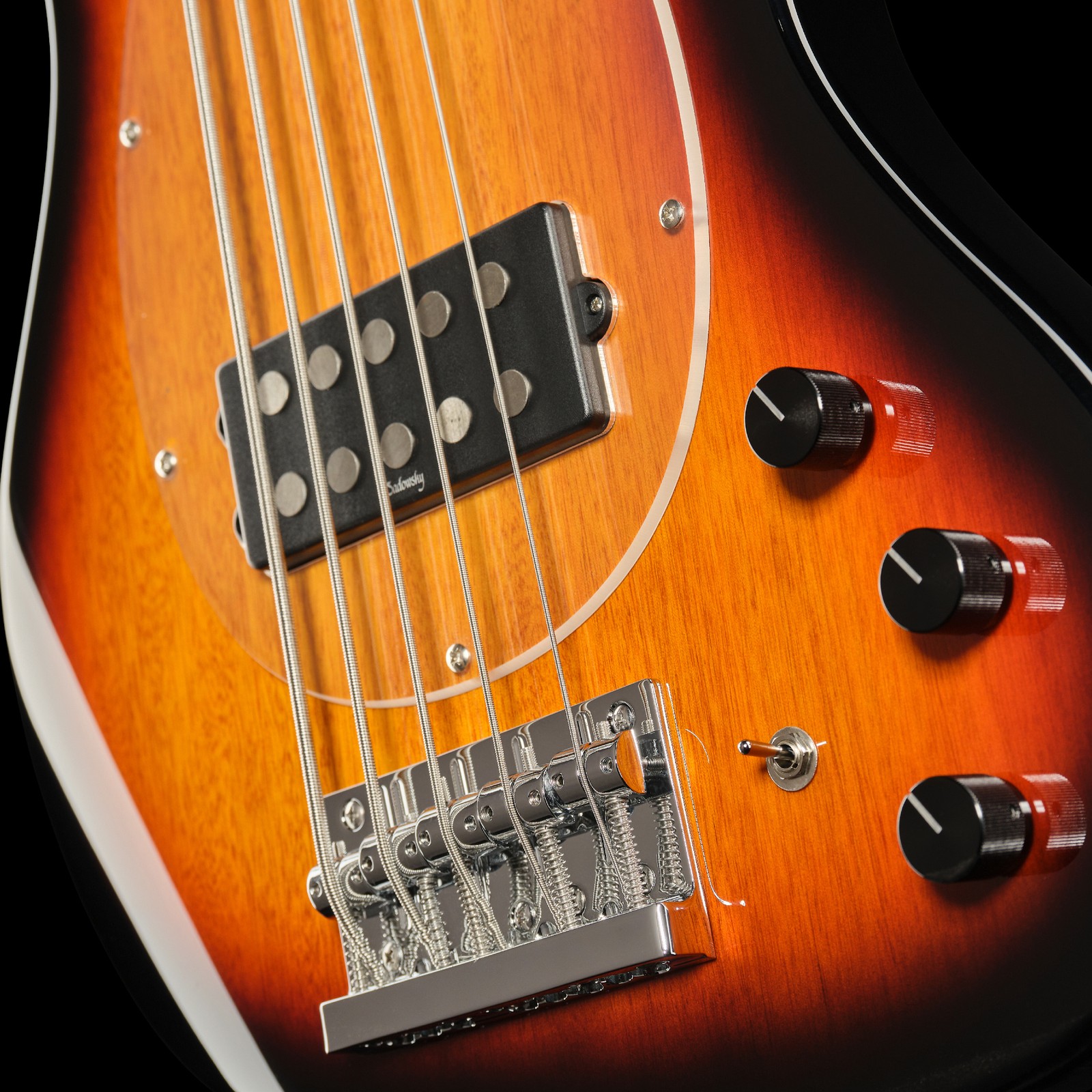Humbucker and controls, Sadowsky MetroExpress 21 Vintage M5 Maple Sunburst, five-string bass guitar
