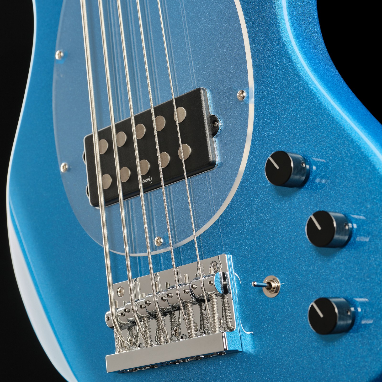 Humbucker and controls, Sadowsky MetroExpress 21 Vintage M5 Maple Blue, five-string bass guitar